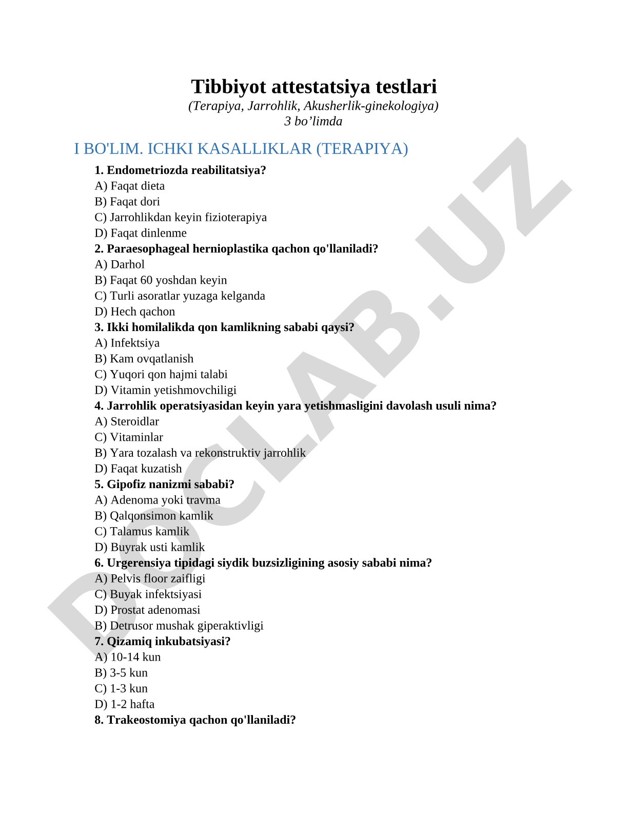 Tibbiyot attestatsiya testlari (Terapiya, Jarrohlik, Akusherlik-ginekologiya)