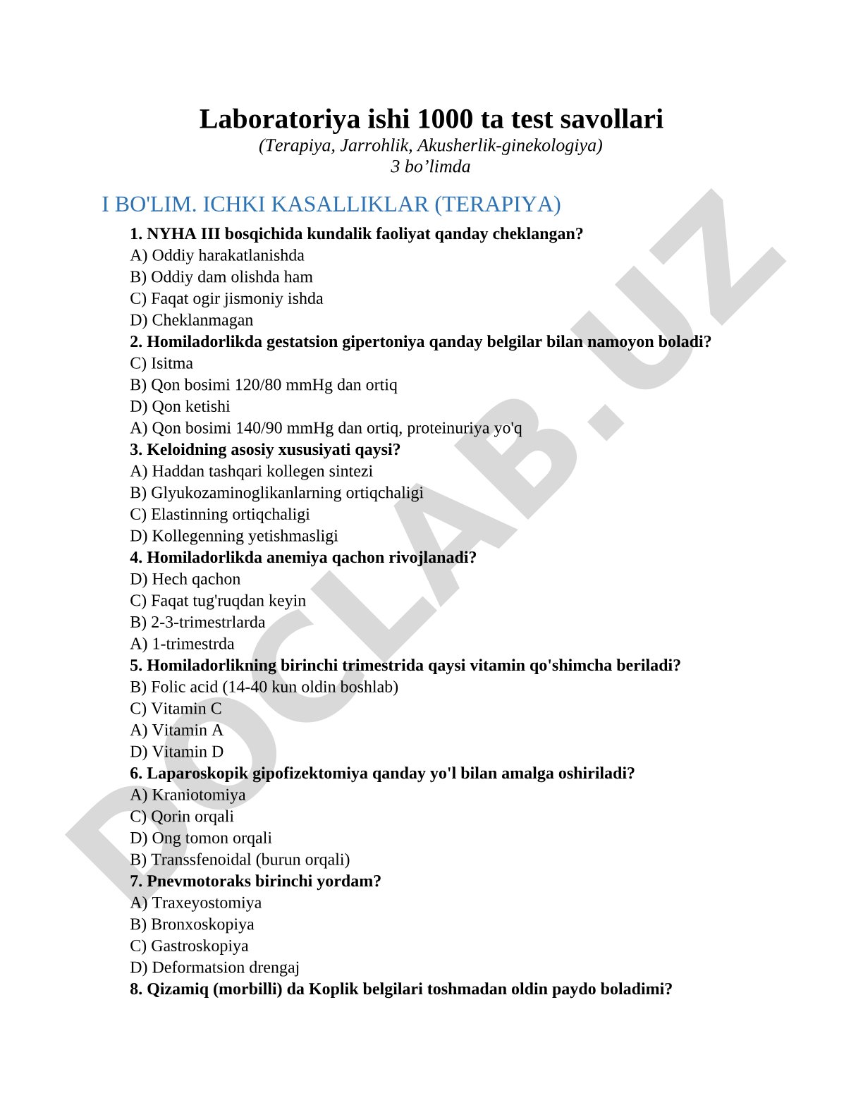 1000 ta test savollari (Terapiya, Jarrohlik, Akusherlik-ginekologiya)