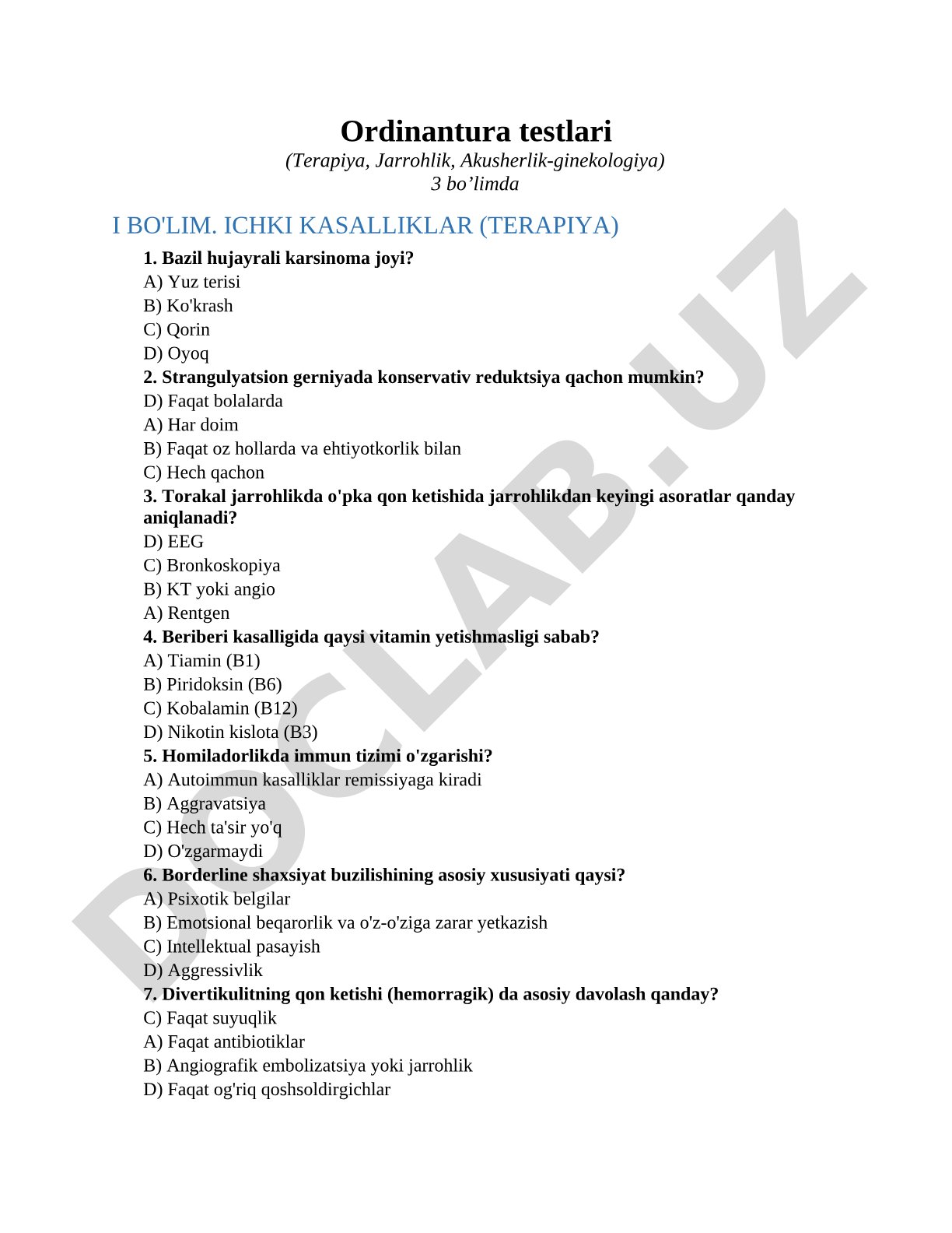 Ordinantura testlari (Terapiya, Jarrohlik, Akusherlik-ginekologiya)