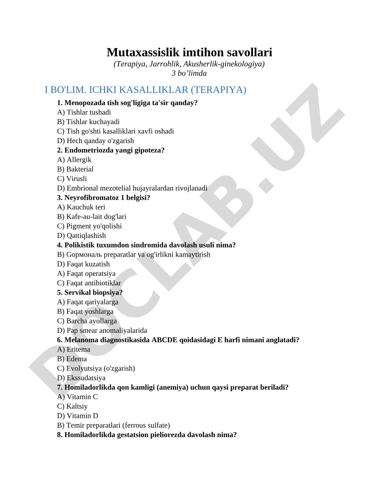Mutaxassislik imtihon savollari (Terapiya, Jarrohlik, Akusherlik-ginekologiya)