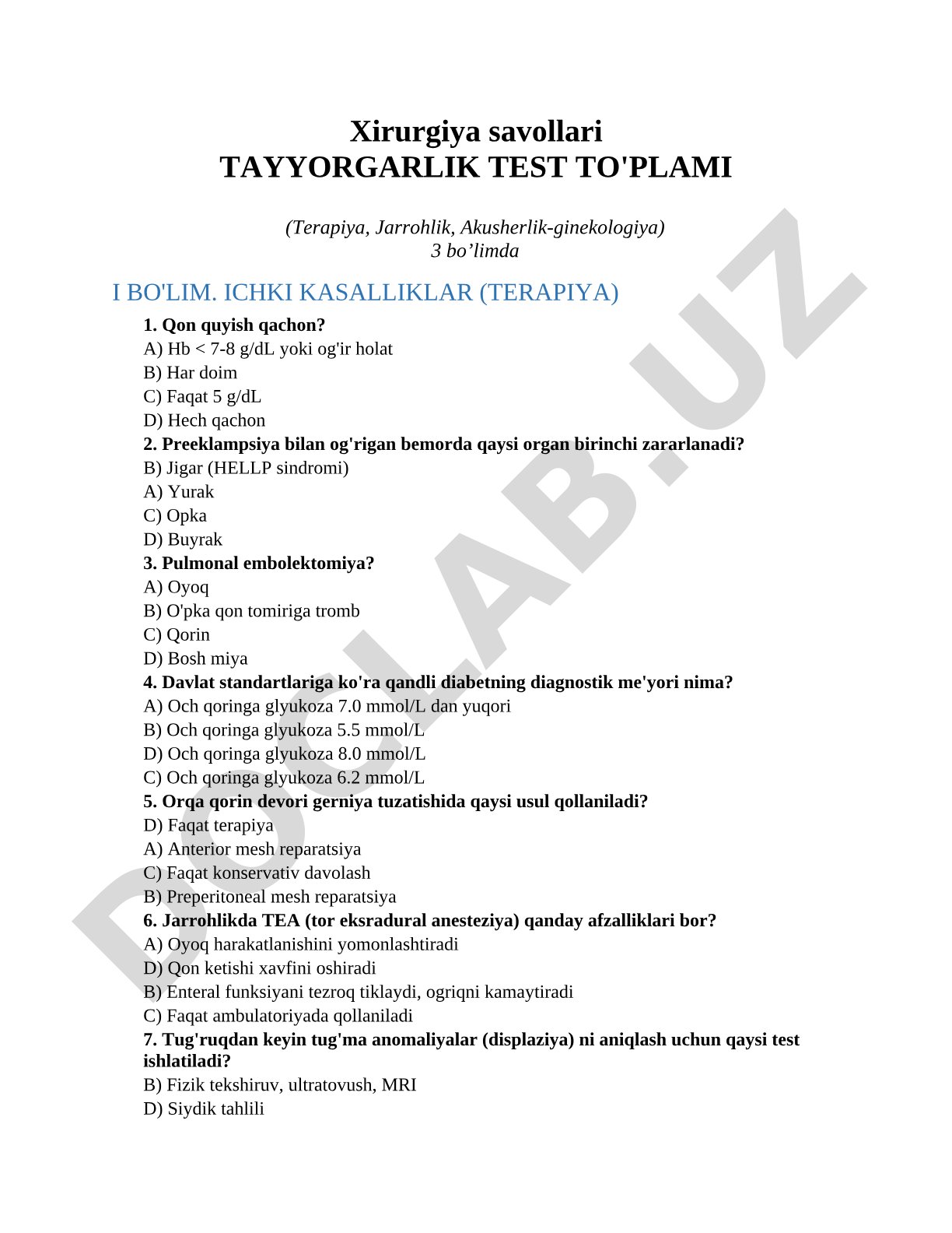 Xirurgiya savollari tayyorgarlik test to'plami (Terapiya, Jarrohlik, Akusherlik-ginekologiya)