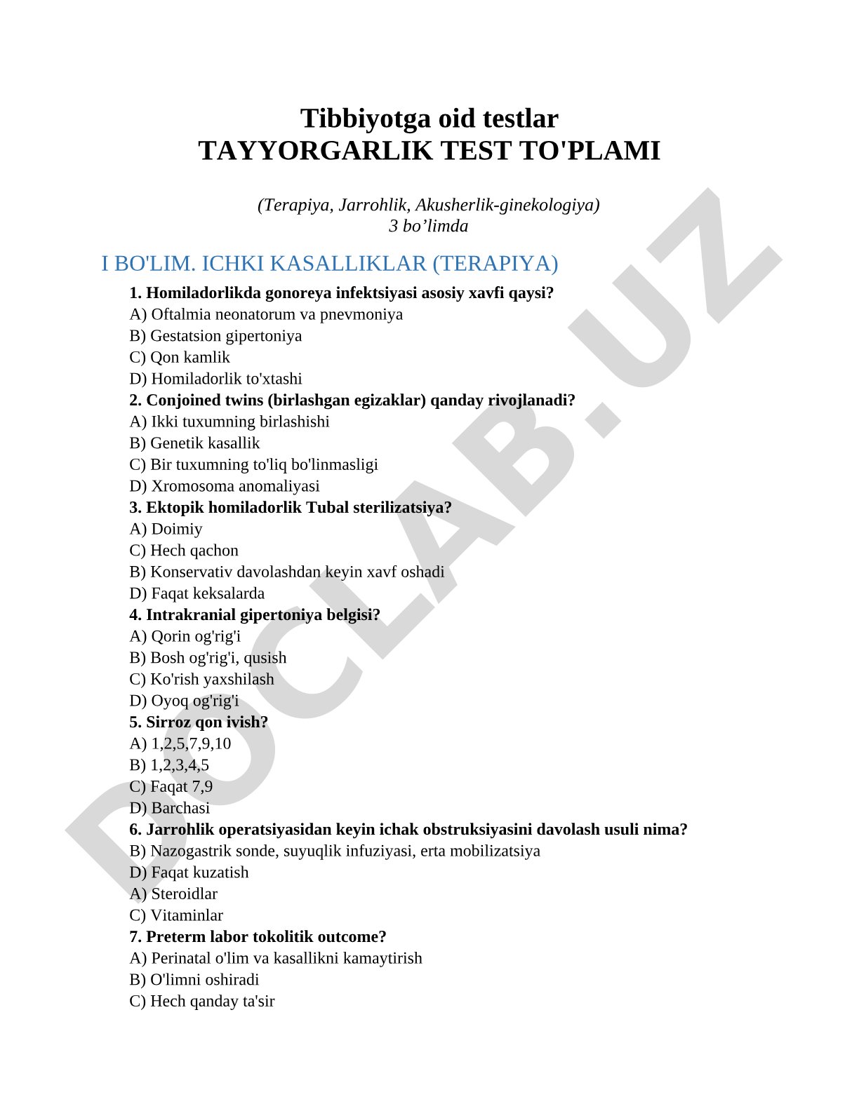 Tibbiyotga oid testlar Tayyorgarlik test to'plami (Terapiya, Jarrohlik, Akusherlik-ginekologiya)