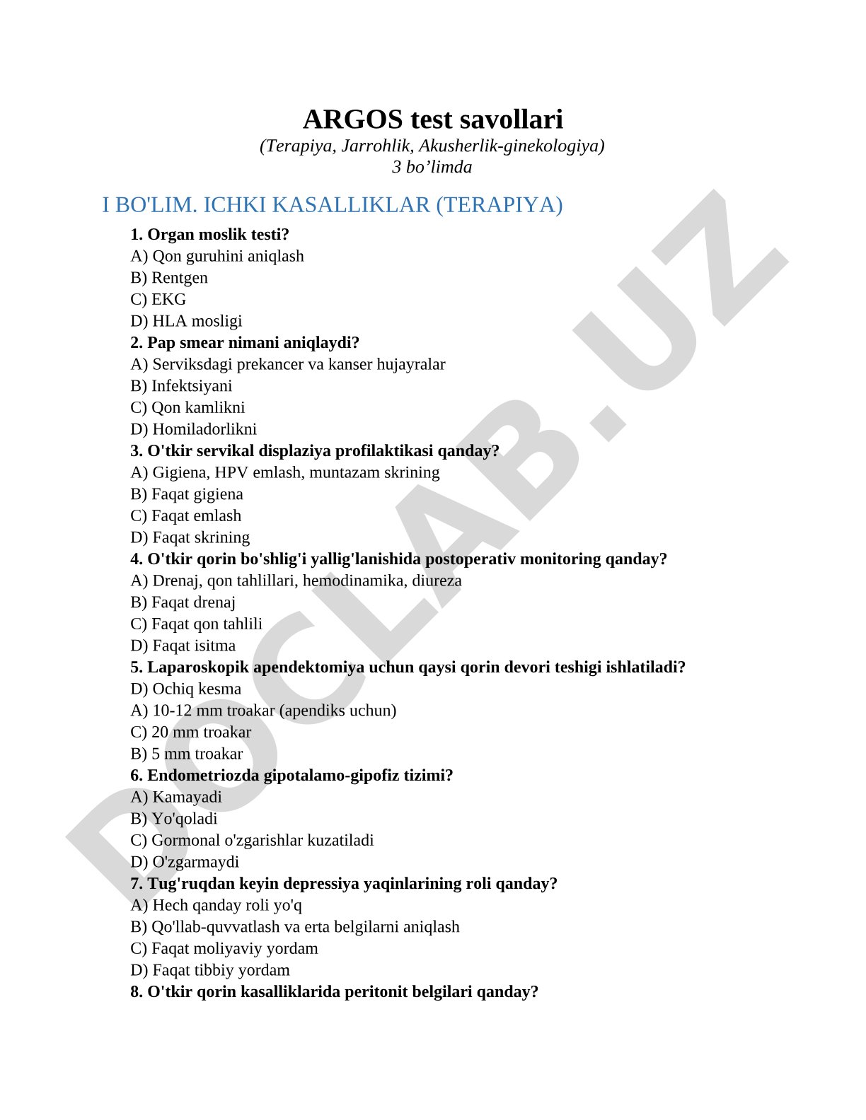 ARGOS test savollari (Terapiya, Jarrohlik, Akusherlik-ginekologiya)