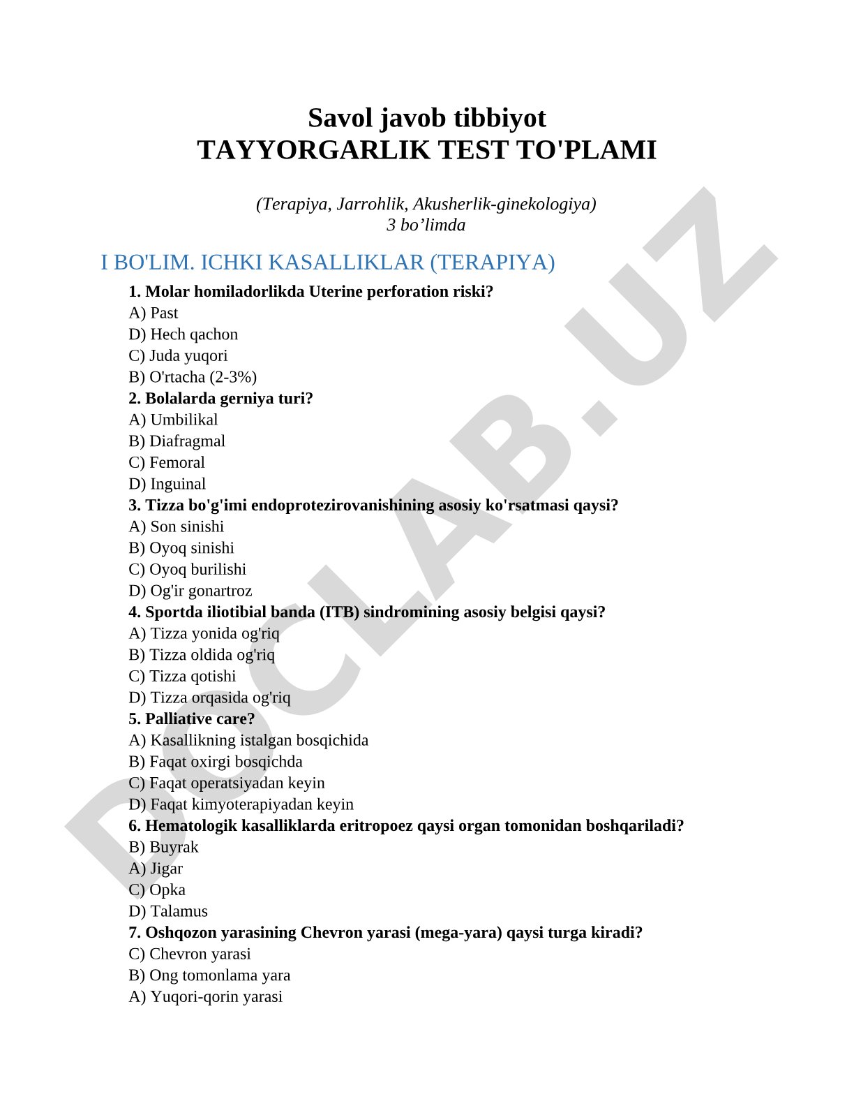 Savol javob tibbiyot Tayyorgarlik Test To'plami
