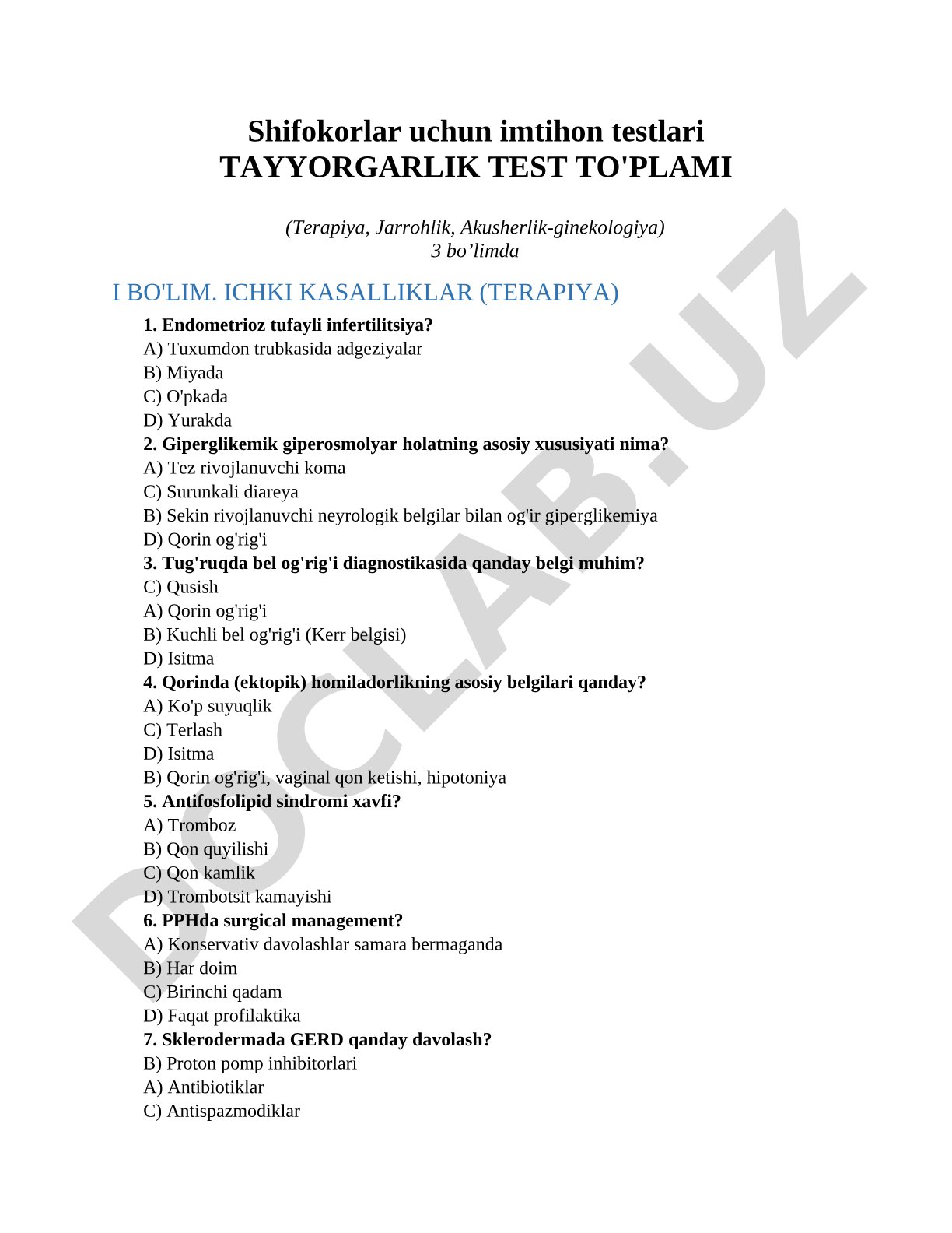 Shifokorlar uchun imtihon testlari Tayyorgarlik test to'plami (Terapiya, Jarrohlik, Akusherlik-ginekologiya)