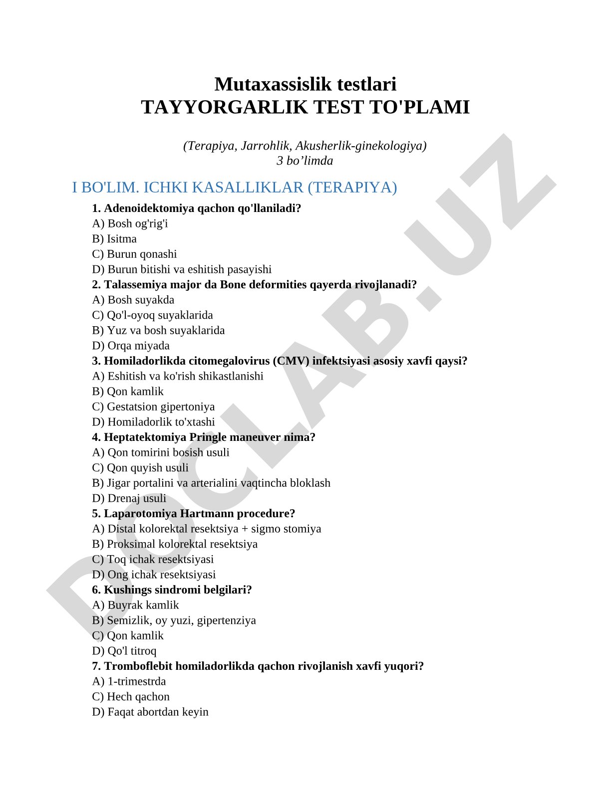 Mutaxassislik testlari TAYYORGARLIK TEST TO'PLAMI (Terapiya, Jarrohlik, Akusherlik-ginekologiya)