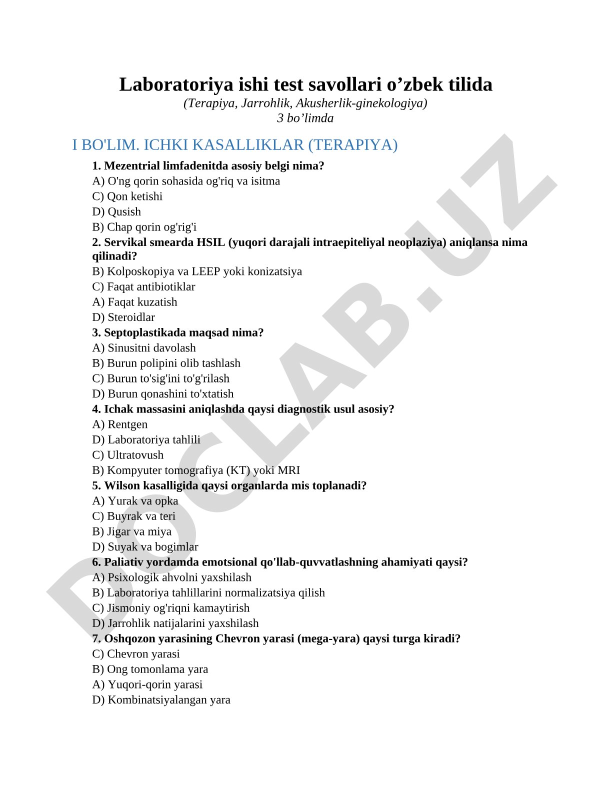 Test savollari o’zbek tilida (Terapiya, Jarrohlik, Akusherlik-ginekologiya)