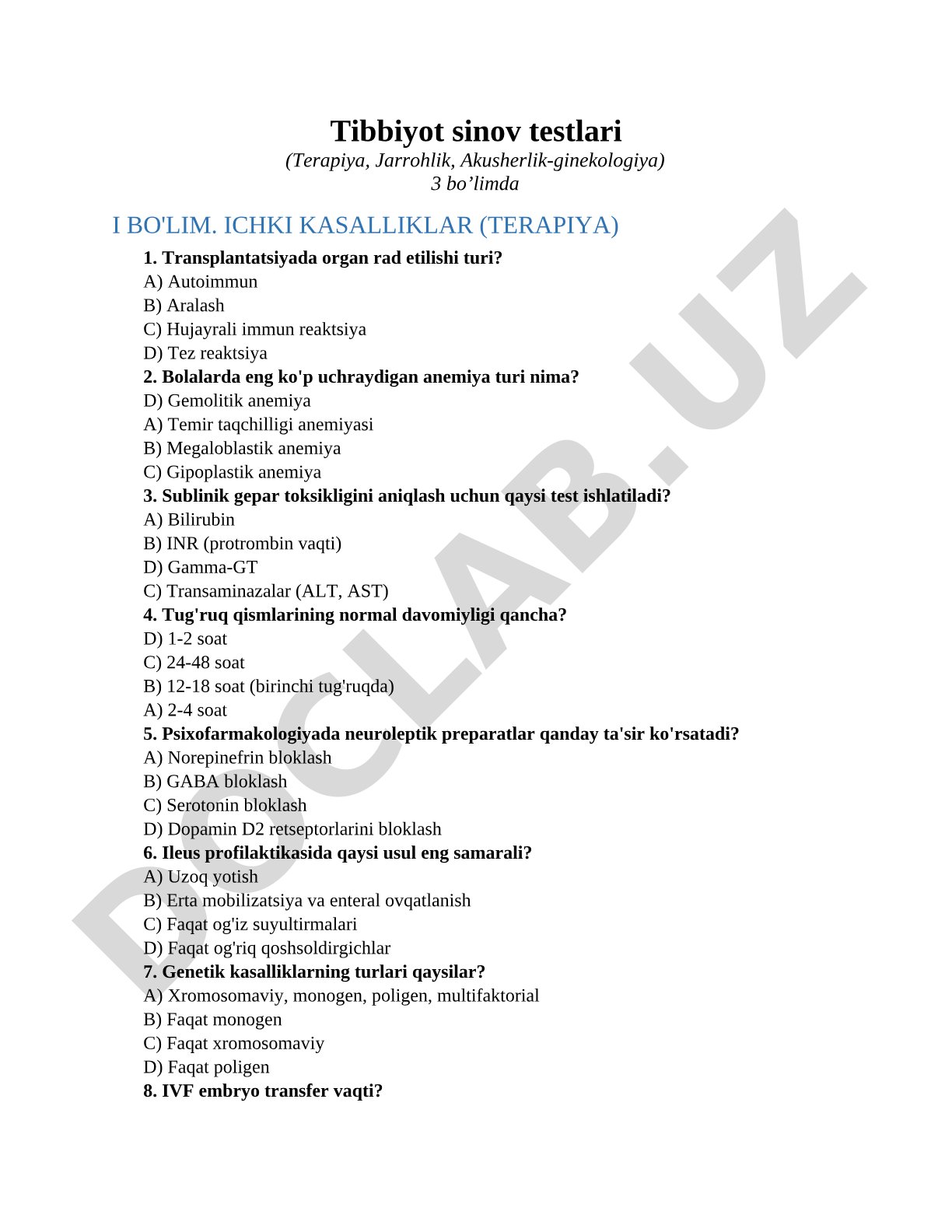 Tibbiyot sinov testlari (Terapiya, Jarrohlik, Akusherlik-ginekologiya)