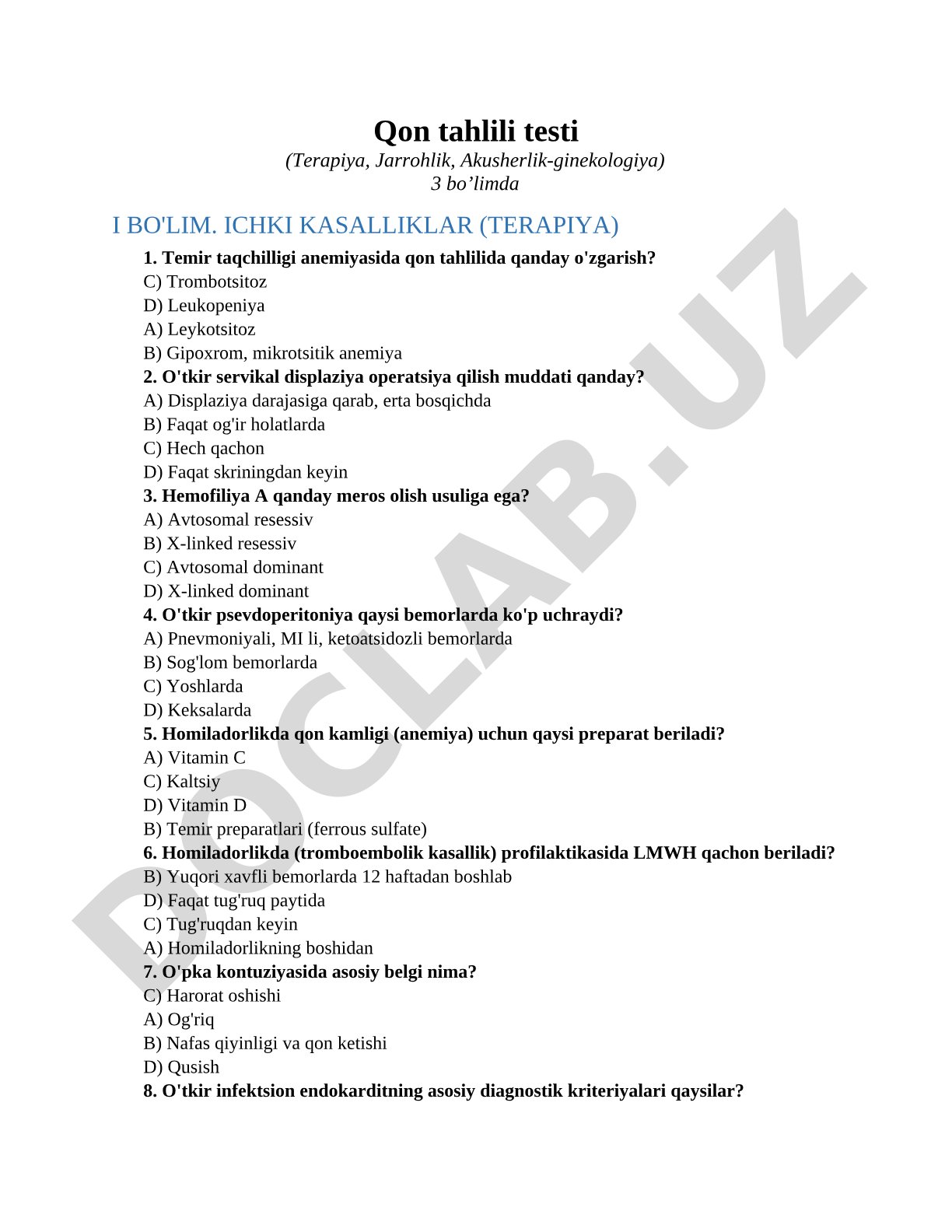 Qon tahlili testi (Terapiya, Jarrohlik, Akusherlik-ginekologiya)3 bo’limda