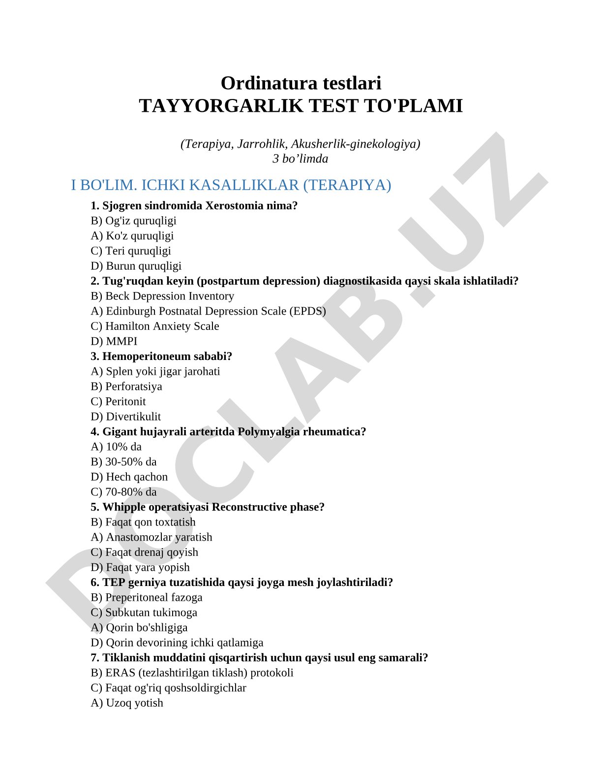 Ordinatura testlari Tayyorgarlik test to'plami (Terapiya, Jarrohlik, Akusherlik-ginekologiya)
