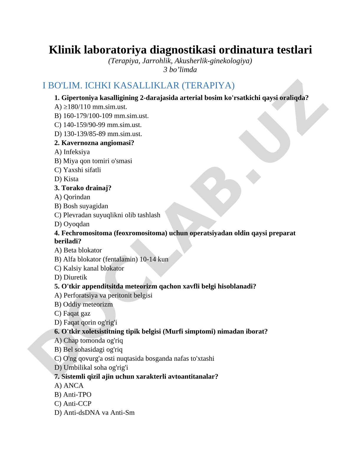 Klinik laboratoriya diagnostikasi ordinatura testlari (Terapiya, Jarrohlik, Akusherlik-ginekologiya)