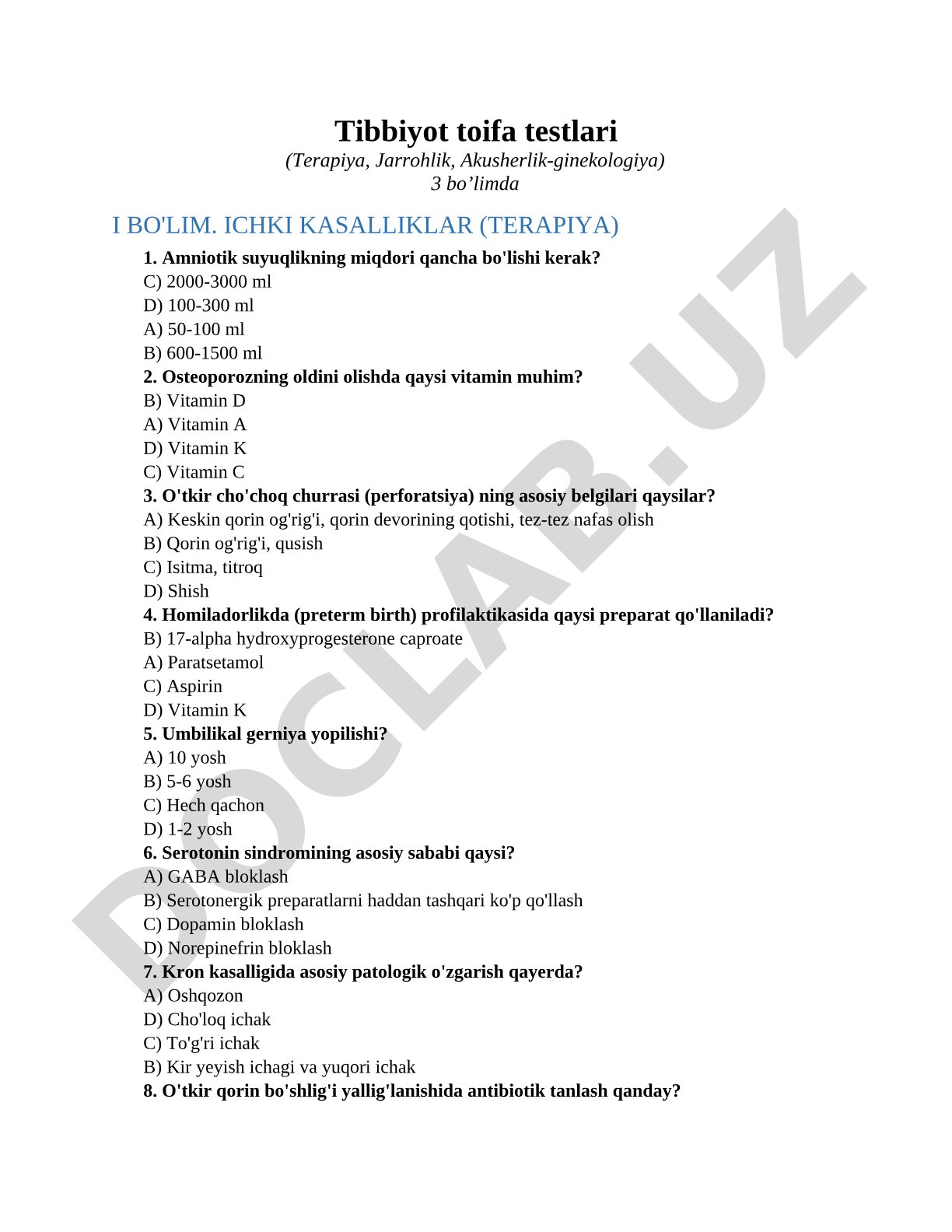Tibbiyot toifa testlari (Terapiya, Jarrohlik, Akusherlik-ginekologiya)