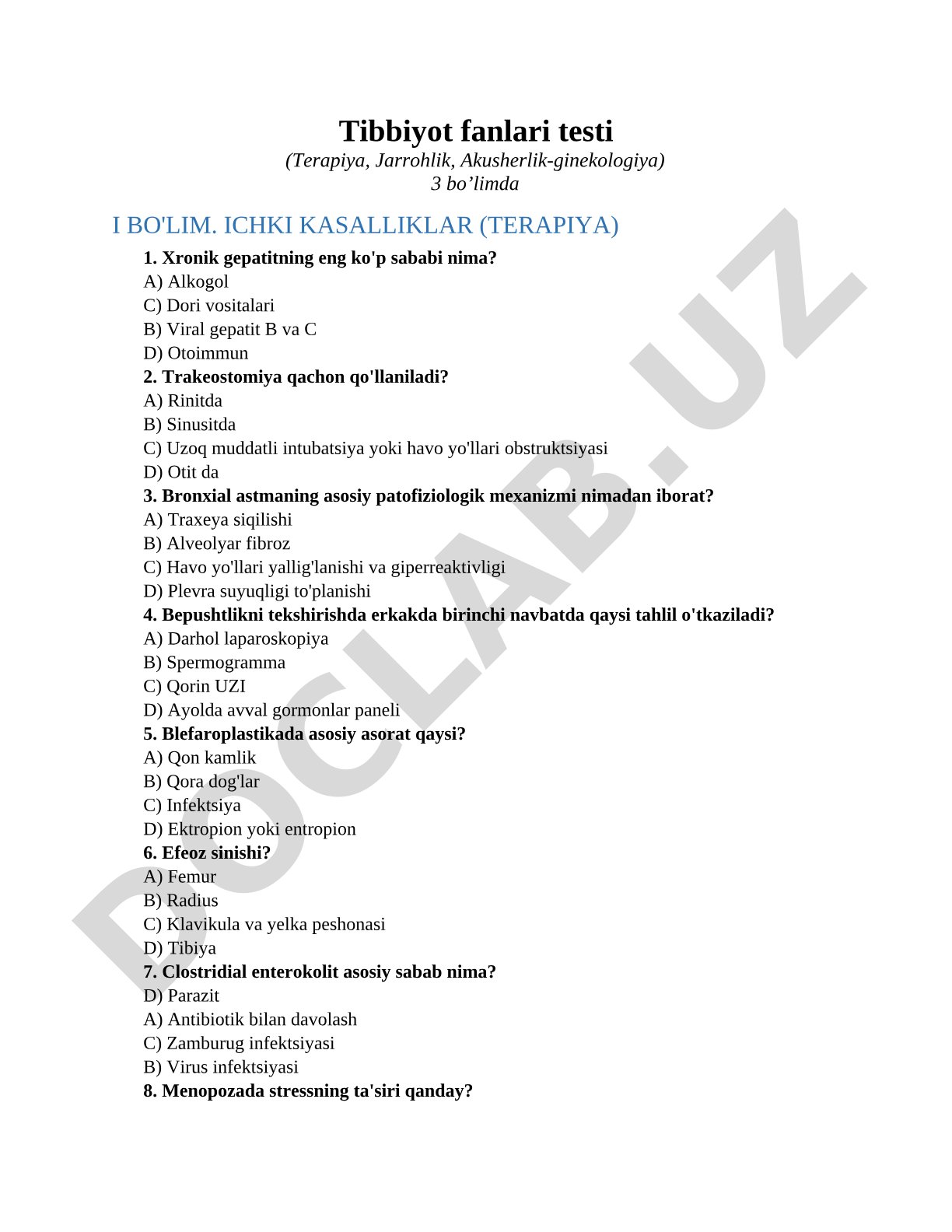 Tibbiyot fanlari testi (Terapiya, Jarrohlik, Akusherlik-ginekologiya)