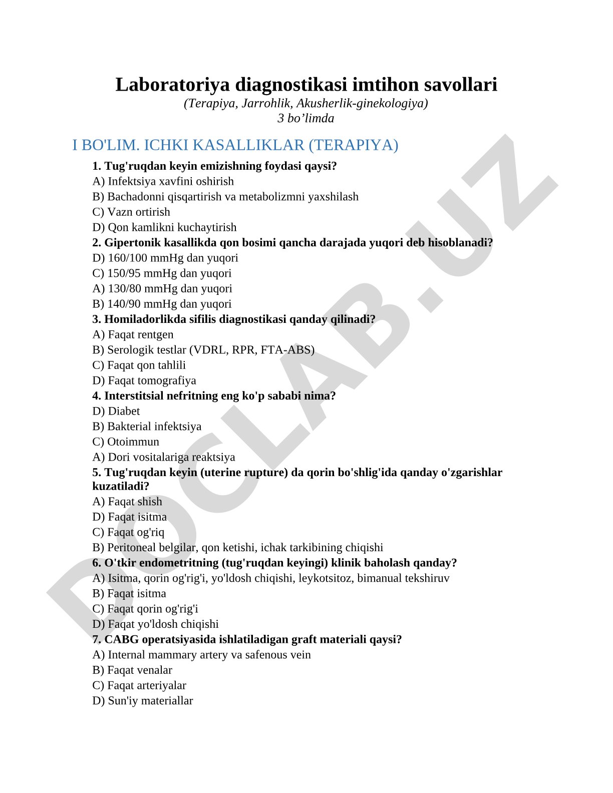 Laboratoriya diagnostikasi imtihon savollari (Terapiya, Jarrohlik, Akusherlik-ginekologiya)