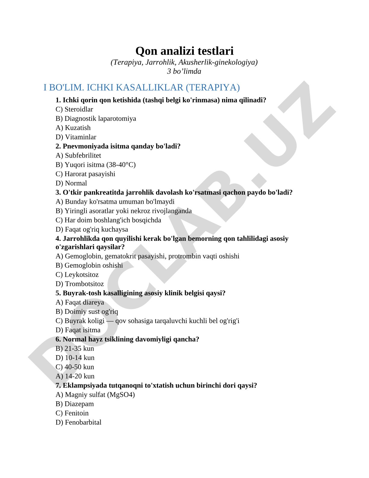 Qon analizi testlari (Terapiya, Jarrohlik, Akusherlik-ginekologiya) 3 bo'limda