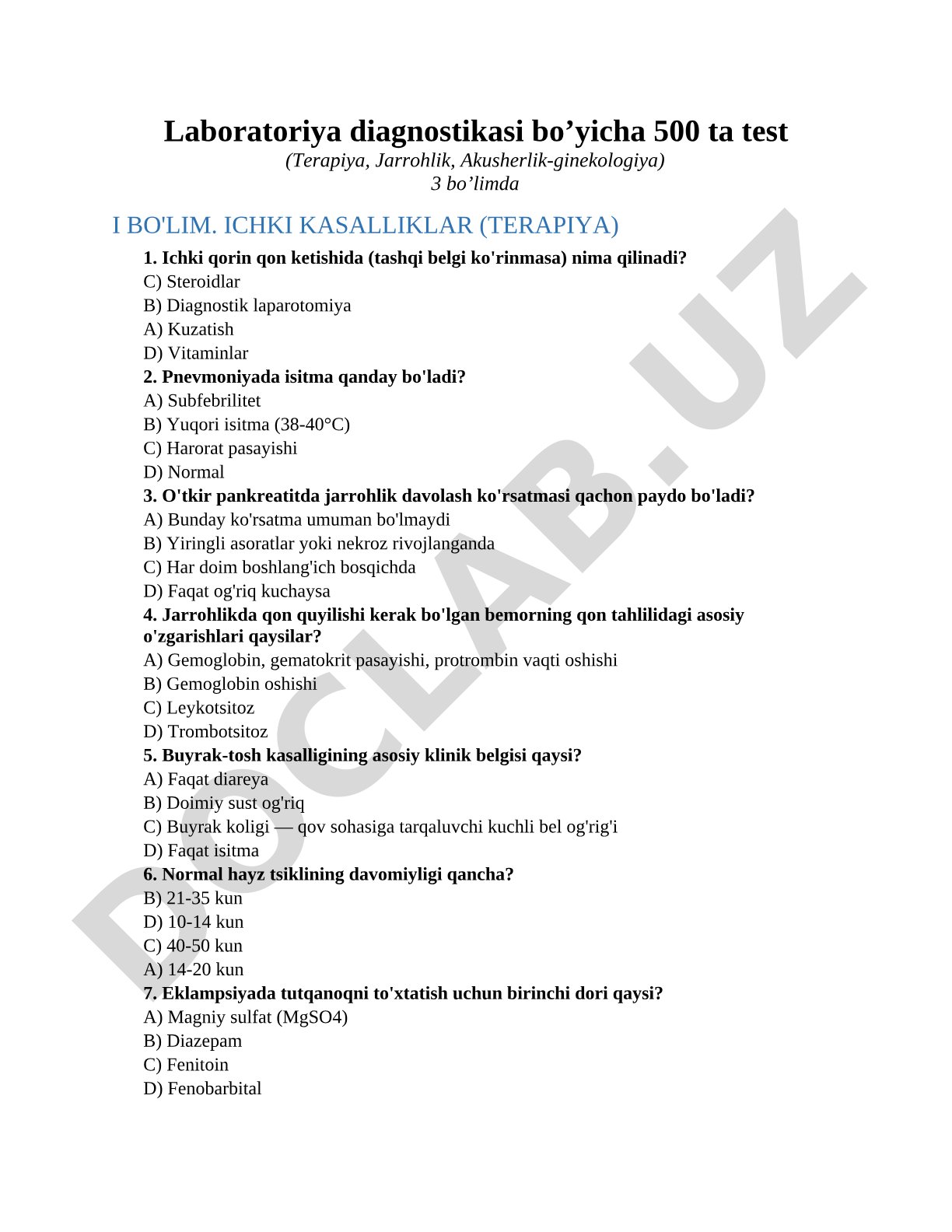 Laboratoriya diagnostikasi bo'yicha 500 ta test (Terapiya, Jarrohlik, Akusherlik-ginekologiya)
