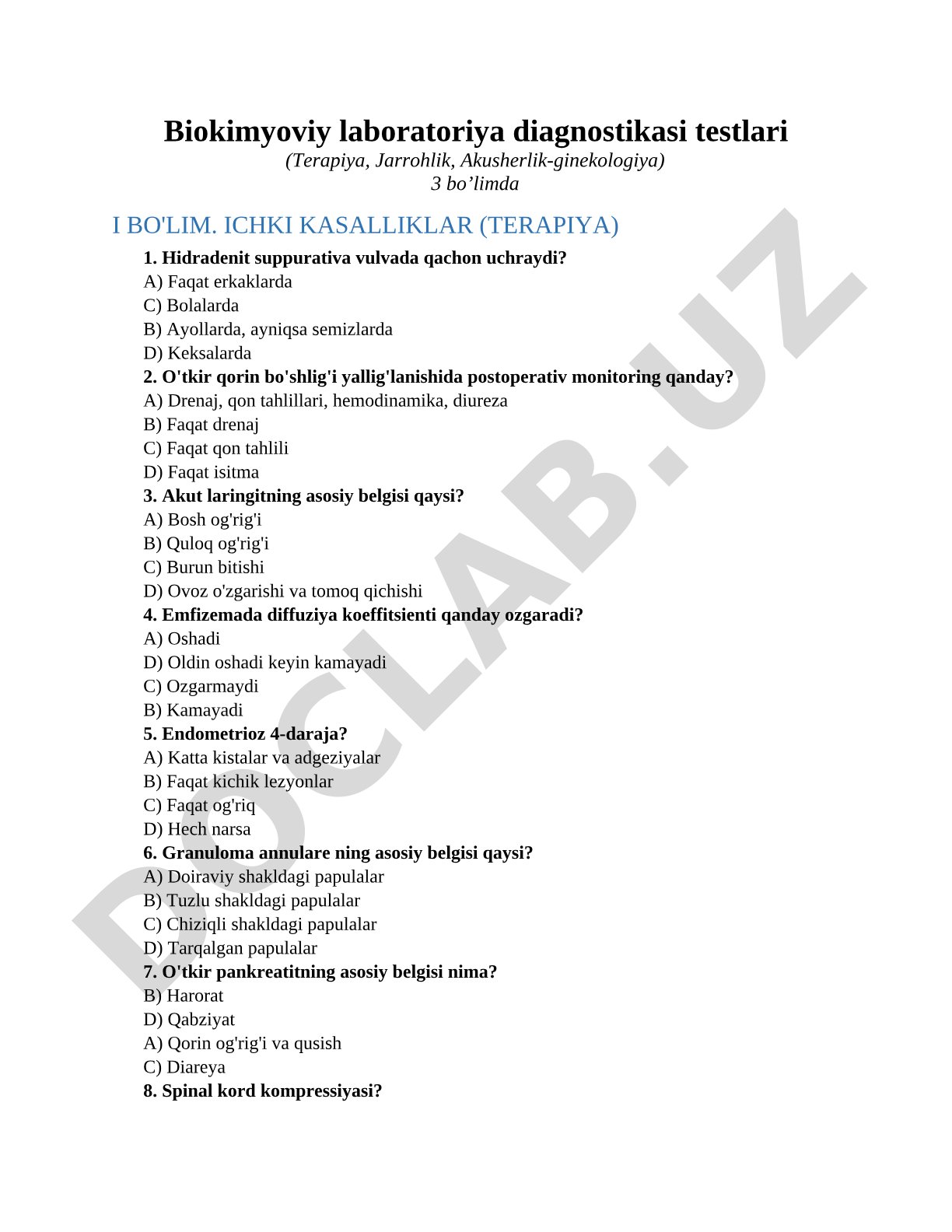 Biokimyoviy laboratoriya diagnostikasi testlari (Terapiya, Jarrohlik, Akusherlik-ginekologiya)