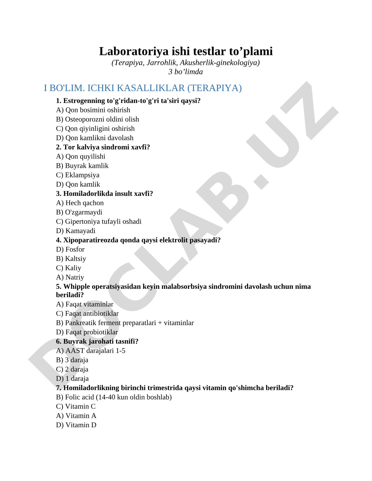Laboratoriya ishi testlar to’plami (Terapiya, Jarrohlik, Akusherlik-ginekologiya)