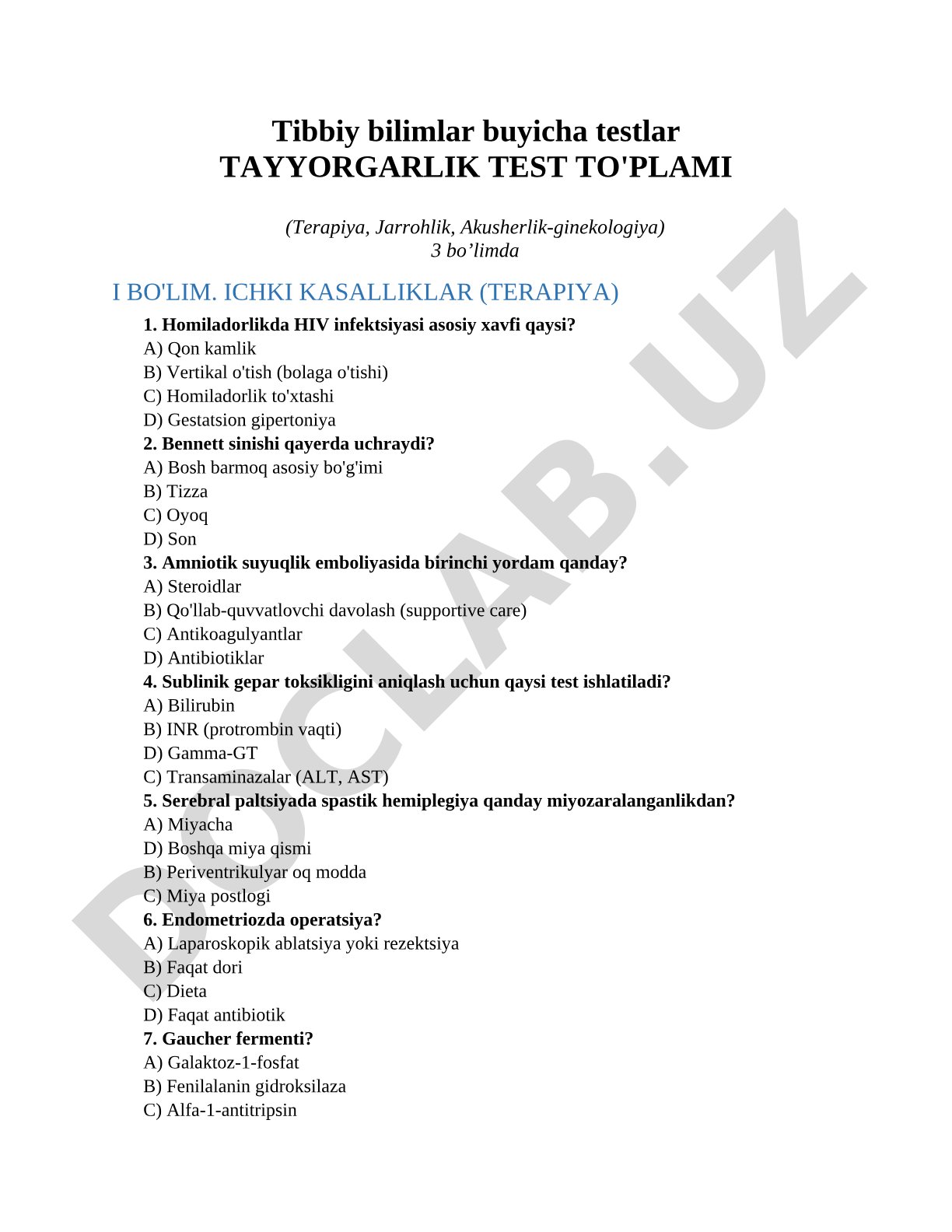 Tibbiy bilimlar buyicha testlar tayyorgarlik test to'plami (Terapiya, Jarrohlik, Akusherlik-ginekologiya)