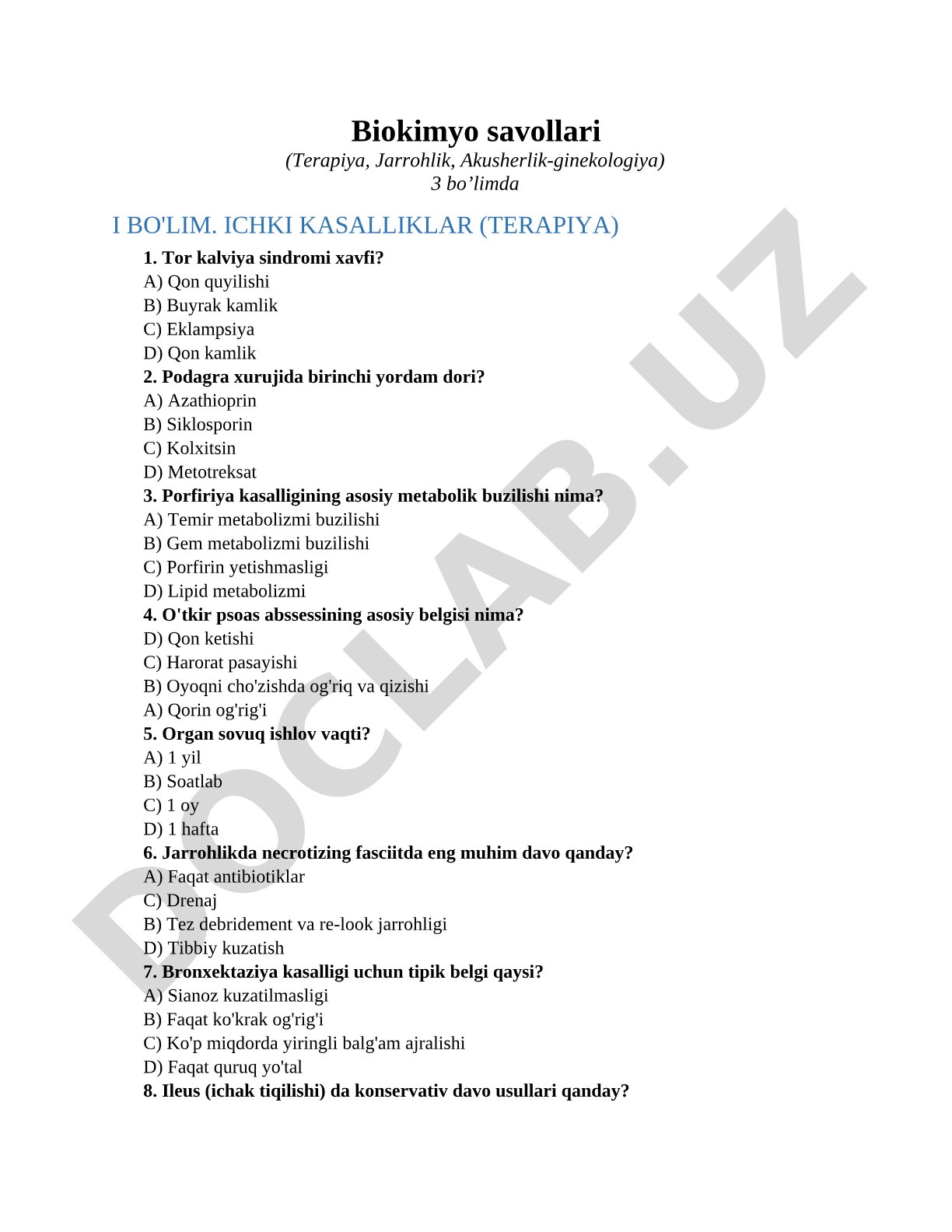 Biokimyo savollari (Terapiya, Jarrohlik, Akusherlik-ginekologiya)