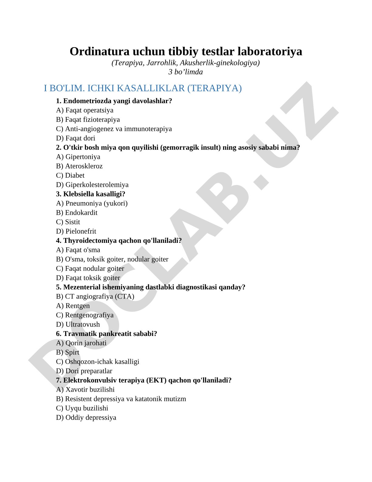 Ordinatura uchun tibbiy testlar laboratoriya (Terapiya, Jarrohlik, Akusherlik-ginekologiya)