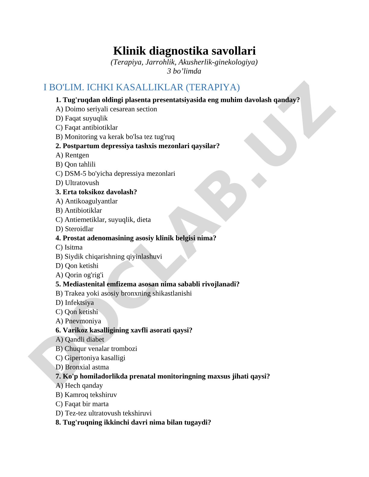 Klinik diagnostika savollari (Terapiya, Jarrohlik, Akusherlik-ginekologiya)3 bo’limda