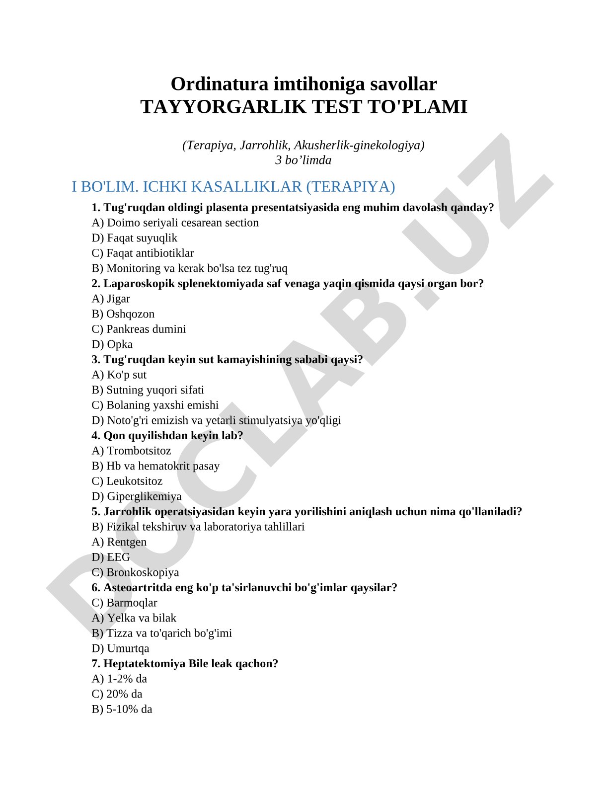 Ordinatura imtihoniga savollar TAYYORGARLIK TEST TO'PLAMI (Terapiya, Jarrohlik, Akusherlik-ginekologiya)