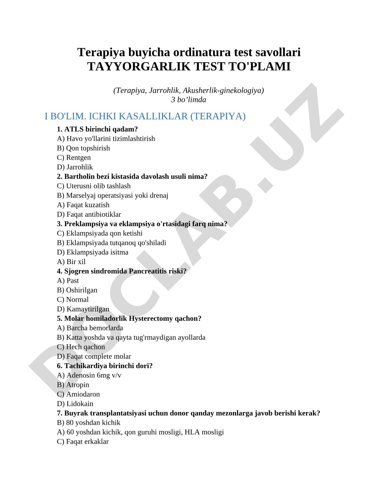 Terapiya buyicha ordinatura test savollari