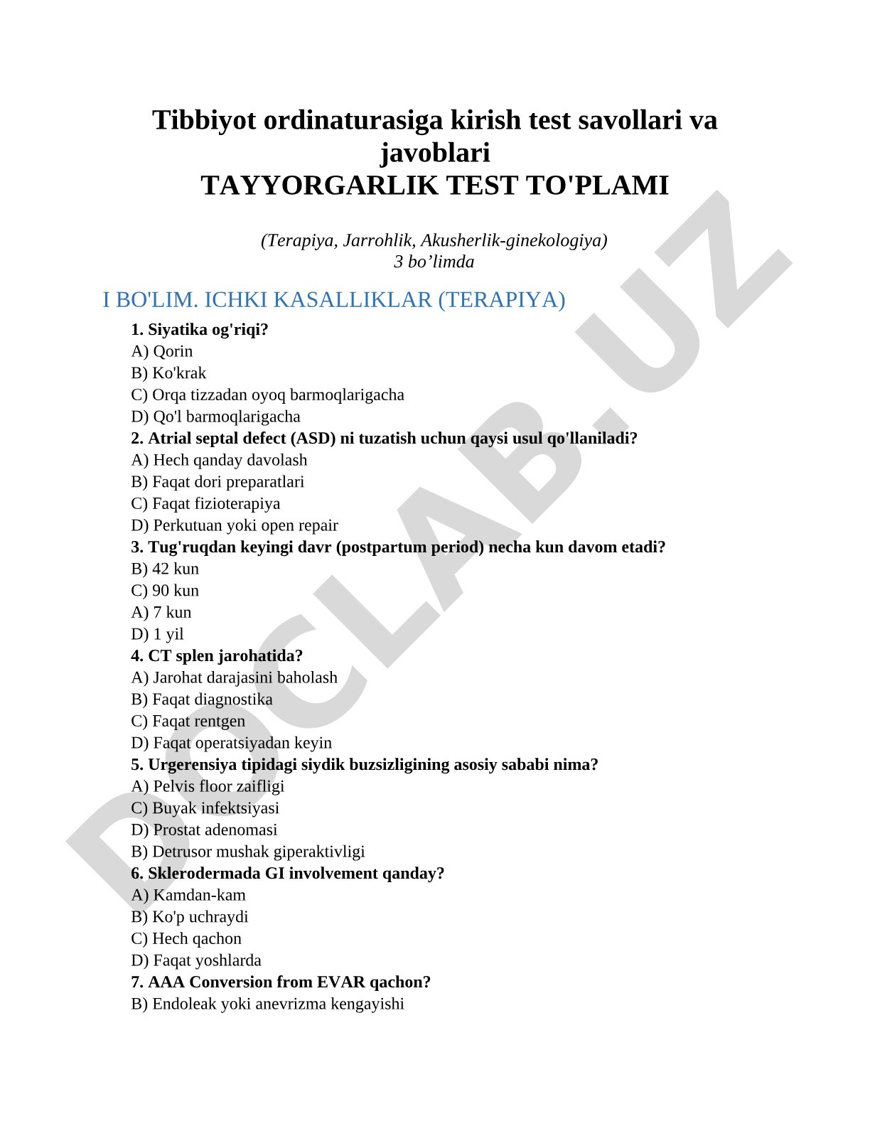 Tibbiyot ordinaturasiga kirish test savollari va javoblari