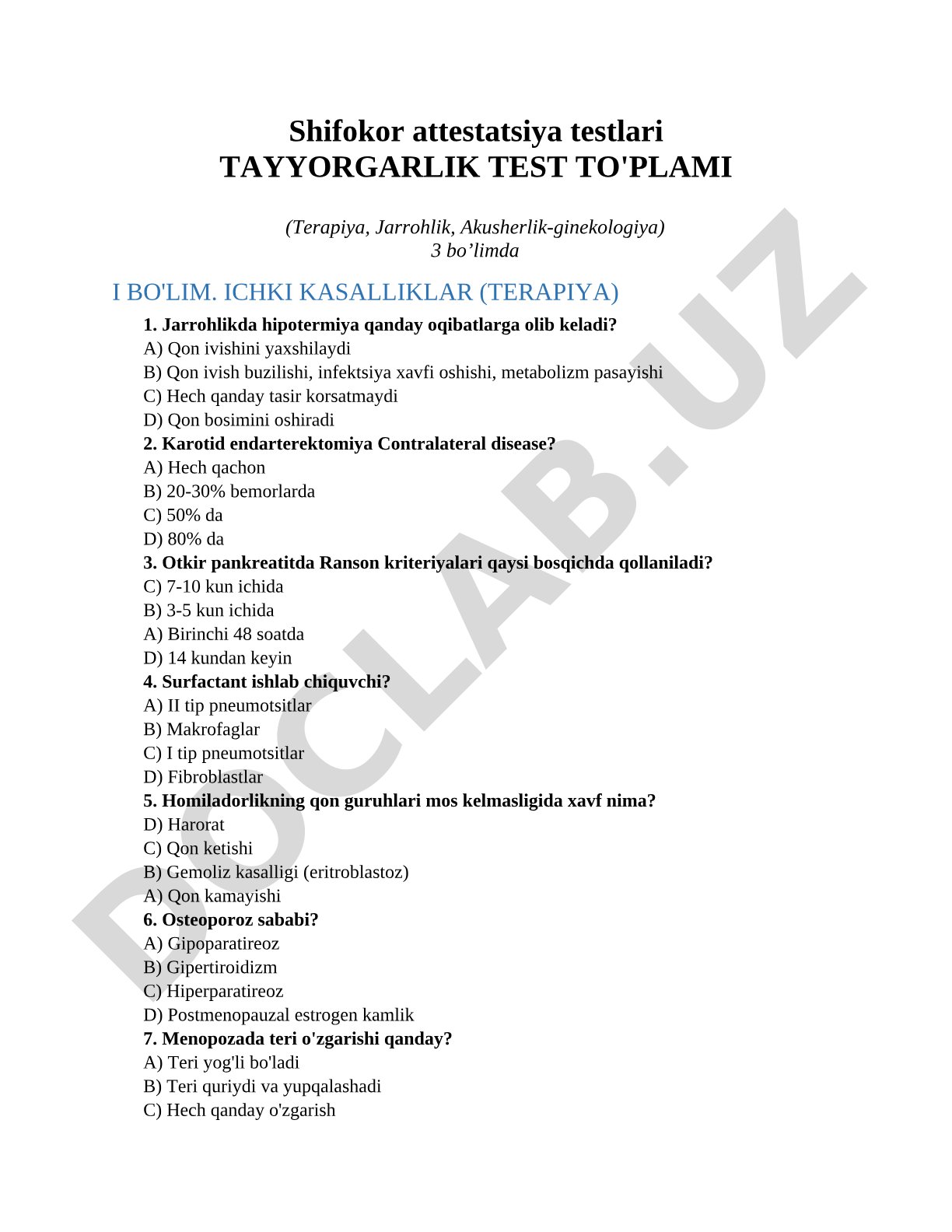 Shifokor attestatsiya testlari tayyorgarlik test to'plami (Terapiya, Jarrohlik, Akusherlik-ginekologiya)