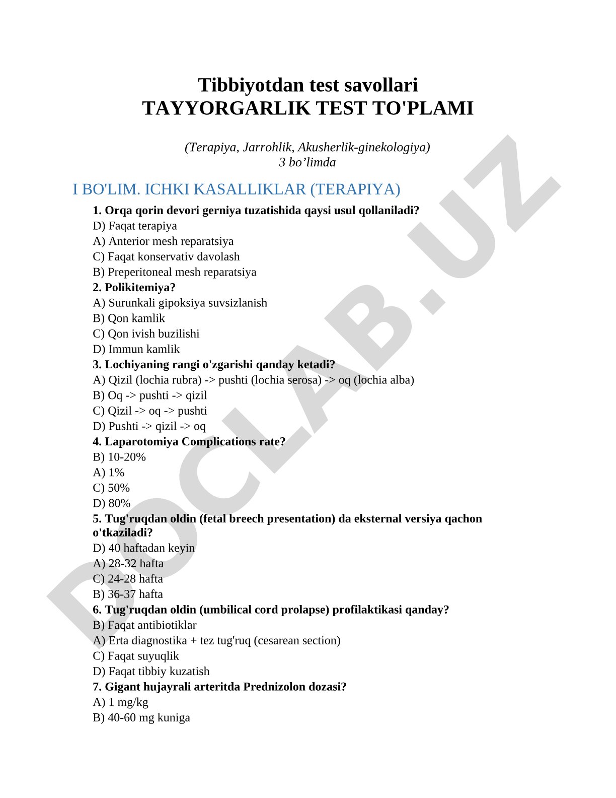 Tibbiyotdan test savollari tayyorgarlik test to'plami (terapiya, jarrohlik, akusherlik-ginekologiya)
