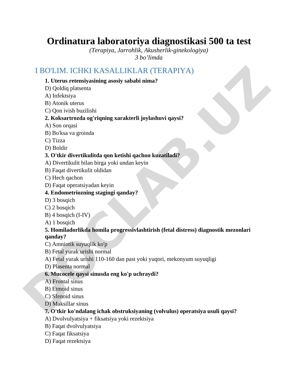 Ordinatura laboratoriya diagnostikasi 500 ta test (Terapiya, Jarrohlik, Akusherlik-ginekologiya)3 bo’limda