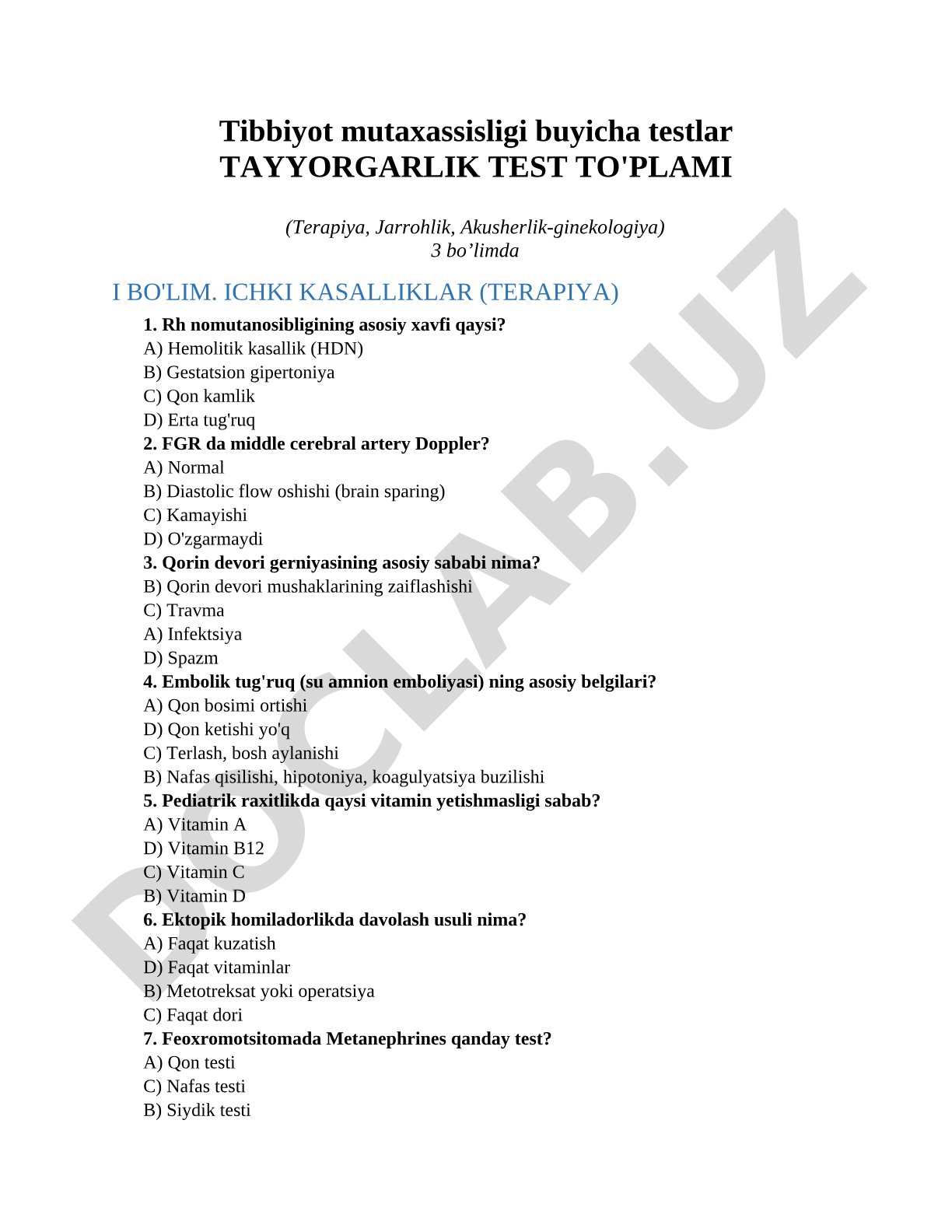 Tibbiyot mutaxassisligi buyicha testlar: Terapiya, Jarrohlik, Akusherlik-ginekologiya