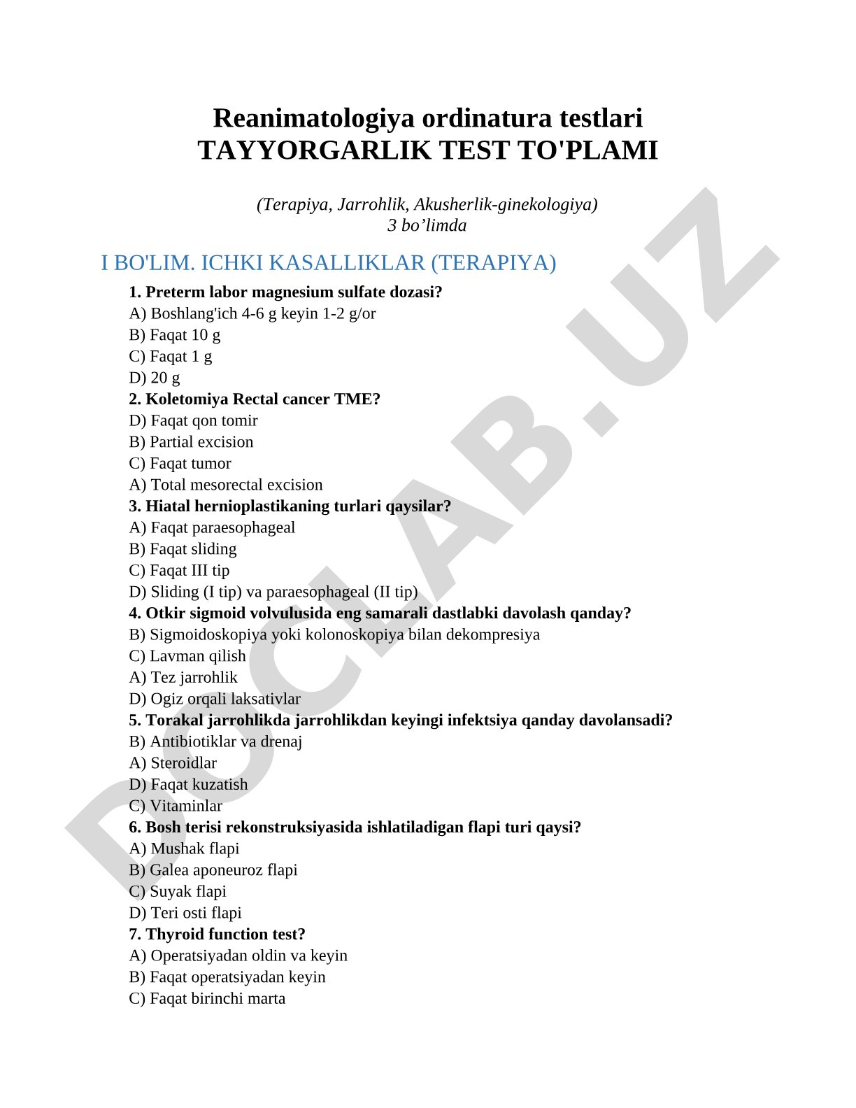Reanimatologiya ordinatura testlari Tayyorgarlik test to'plami