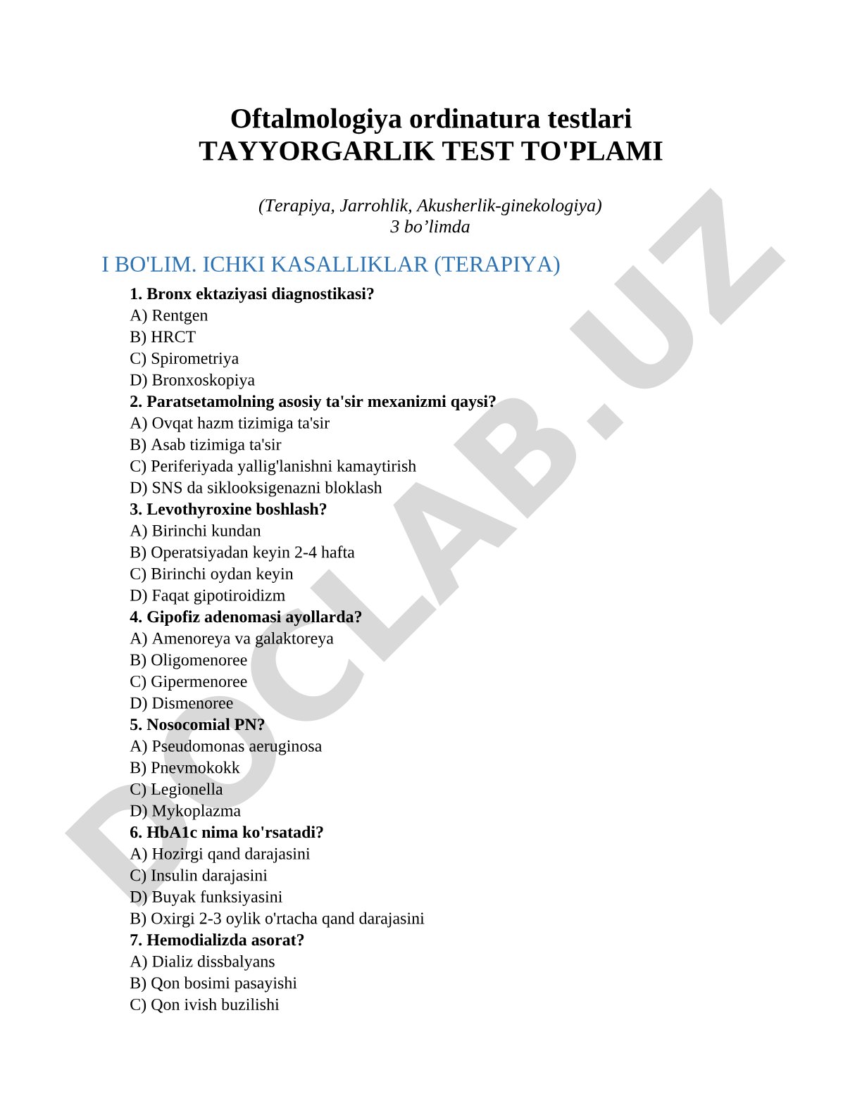 Oftalmologiya ordinatura testlari Tayyorgarlik test to'plami (Terapiya, Jarrohlik, Akusherlik-ginekologiya)