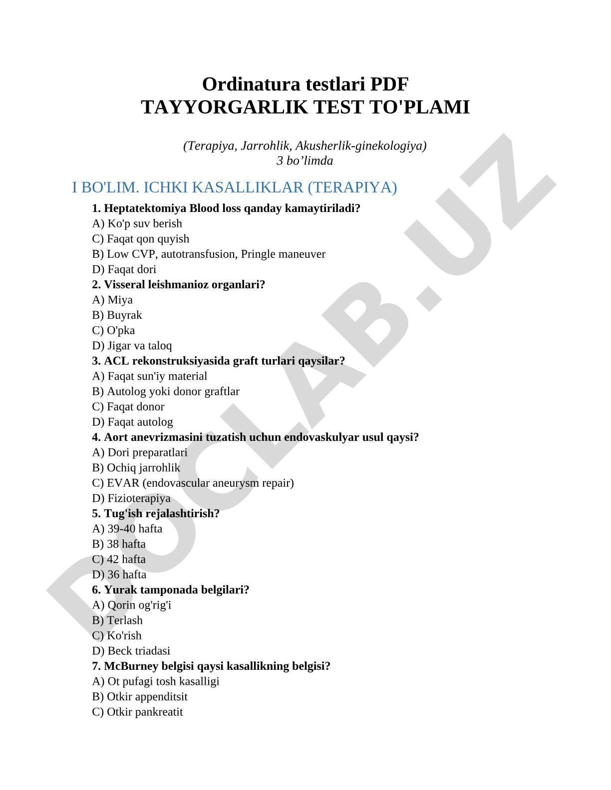 Tayyorgarlik test to'plami (Terapiya, Jarrohlik, Akusherlik-ginekologiya)