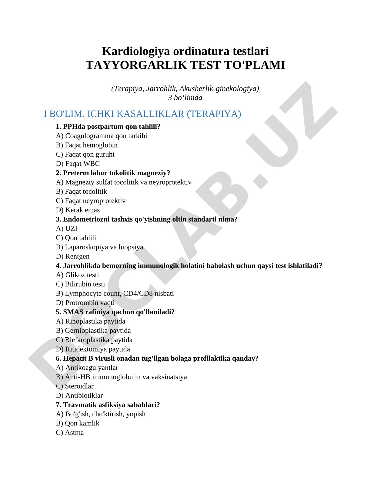 Kardiologiya ordinatura testlari Tayyorgarlik test to'plami (Terapiya, Jarrohlik, Akusherlik-ginekologiya)
