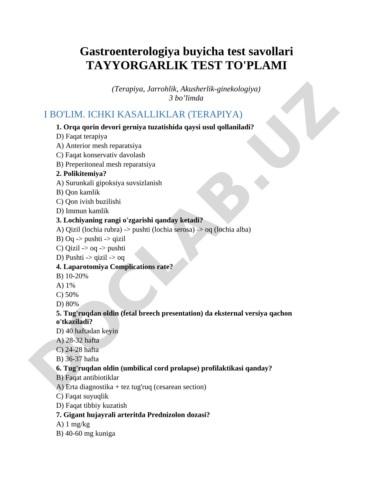 Gastroenterologiya buyicha test savollari