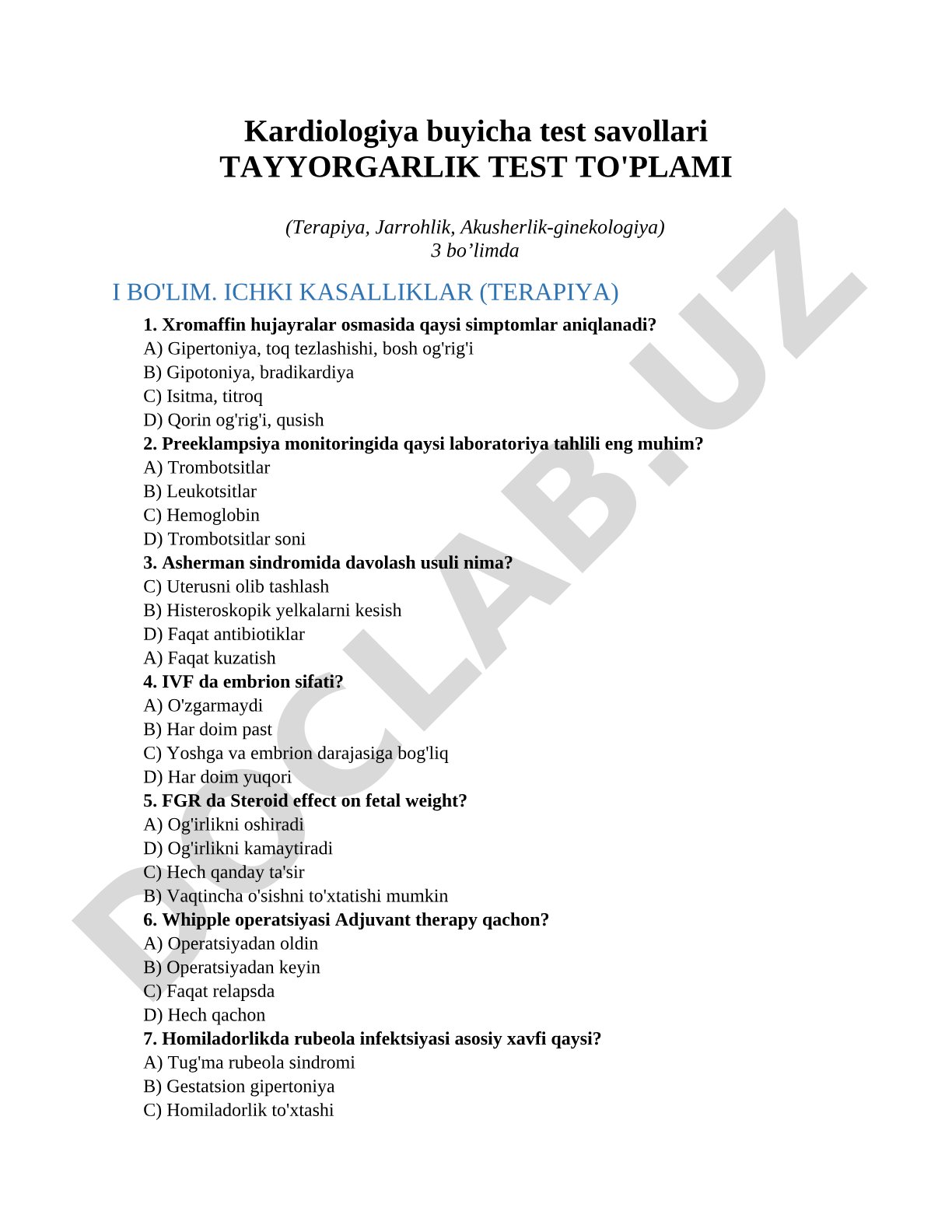 Kardiologiya buyicha test savollari