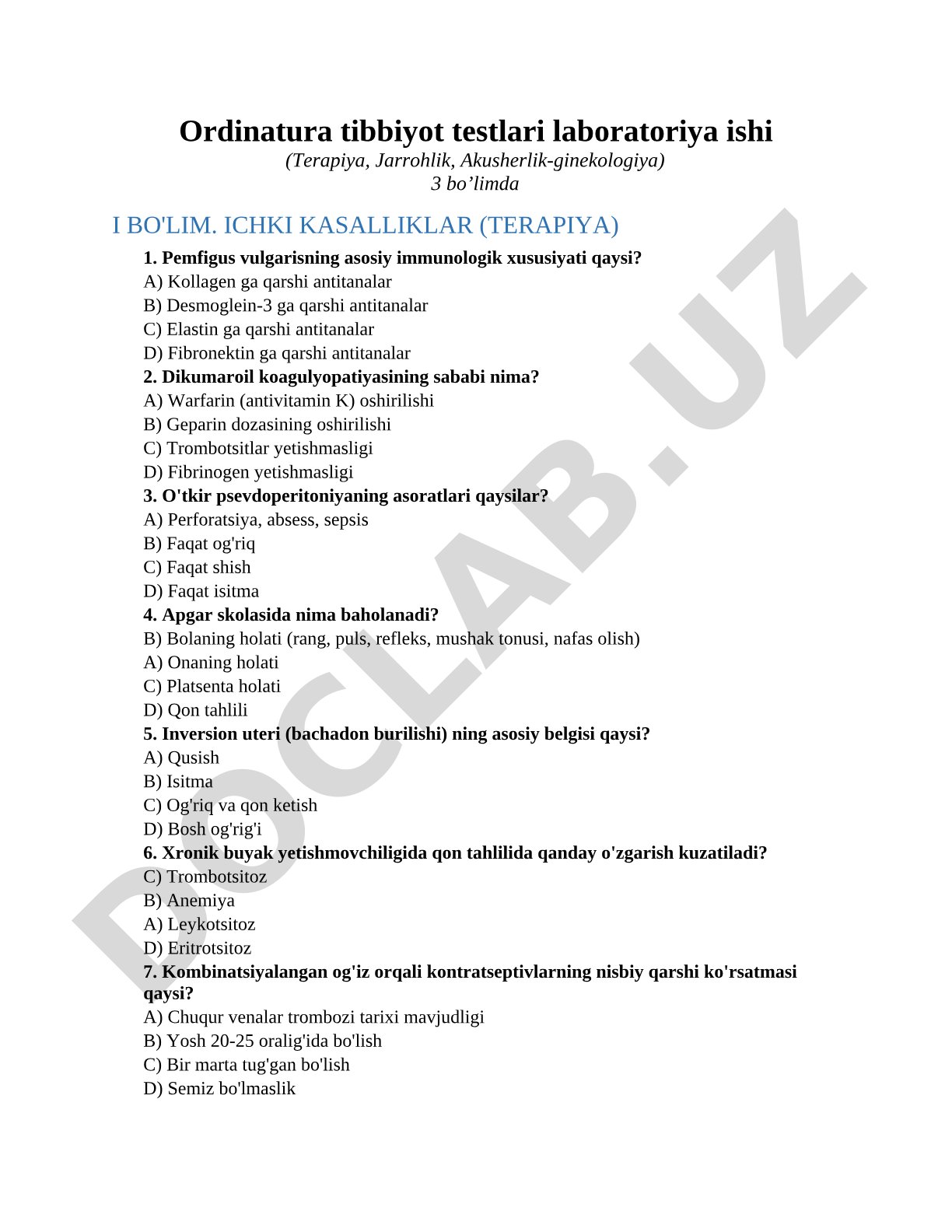 Ordinatura tibbiyot testlari (Terapiya, Jarrohlik, Akusherlik-ginekologiya)