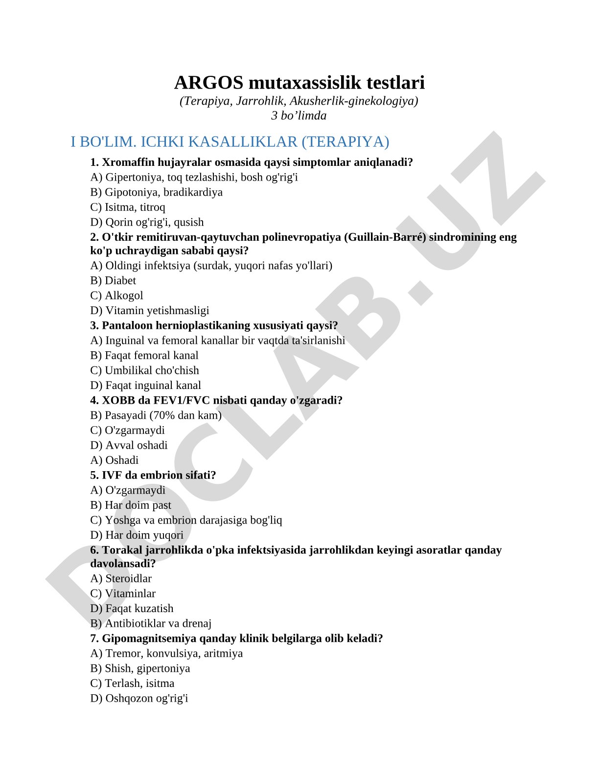 ARGOS mutaxassislik testlari (Terapiya, Jarrohlik, Akusherlik-ginekologiya)