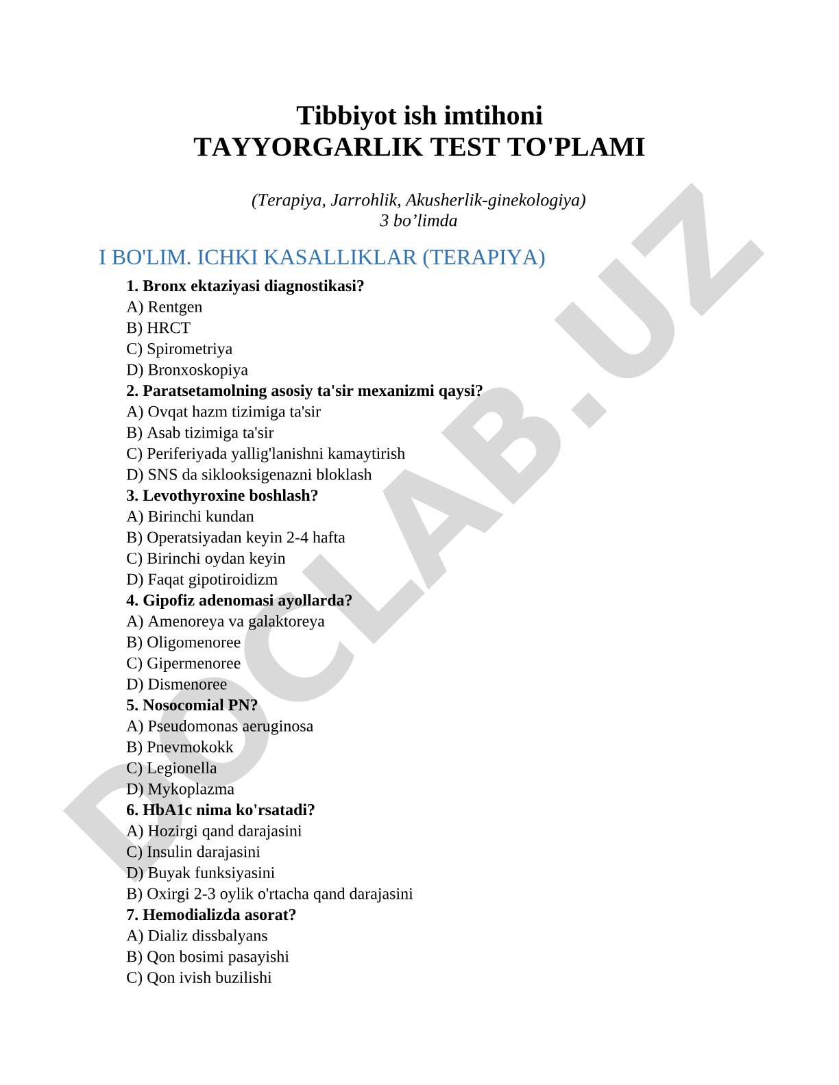 Tibbiyot ish imtihoni tayyorgarlik test to'plami (Terapiya, Jarrohlik, Akusherlik-ginekologiya)
