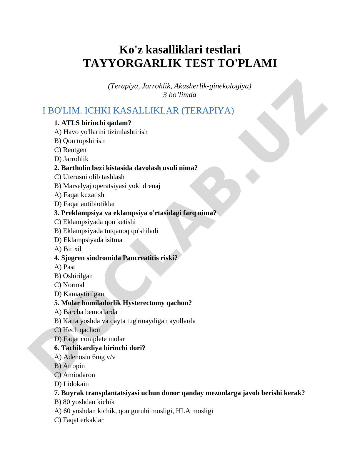Ko'z kasalliklari testlari Tayyorgarlik test to'plami (Terapiya, Jarrohlik, Akusherlik-ginekologiya)