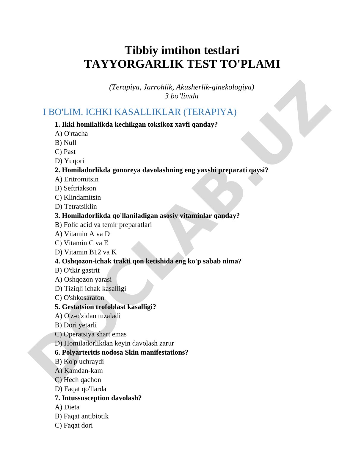 Tibbiy imtihon testlari tayyorgarlik test to'plami (Terapiya, Jarrohlik, Akusherlik-ginekologiya)