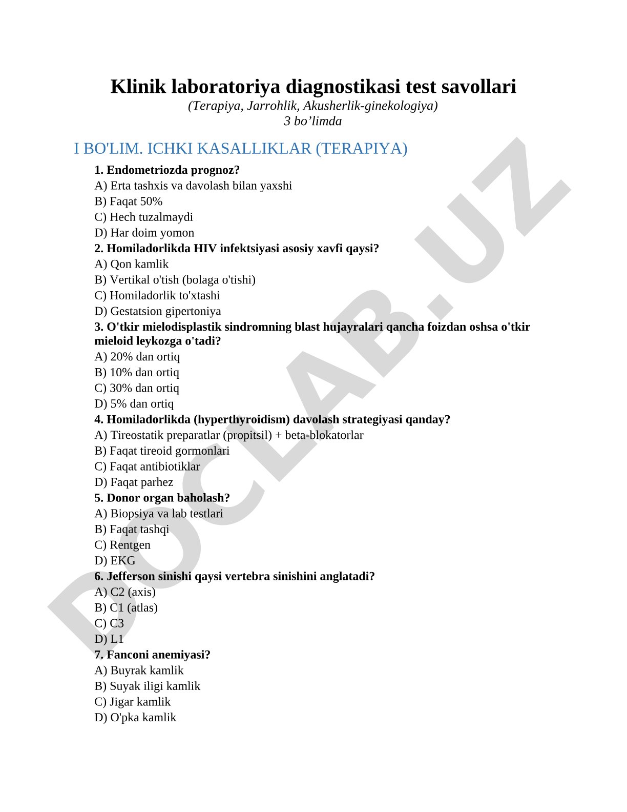 Klinik laboratoriya diagnostikasi test savollari (Terapiya, Jarrohlik, Akusherlik-ginekologiya)