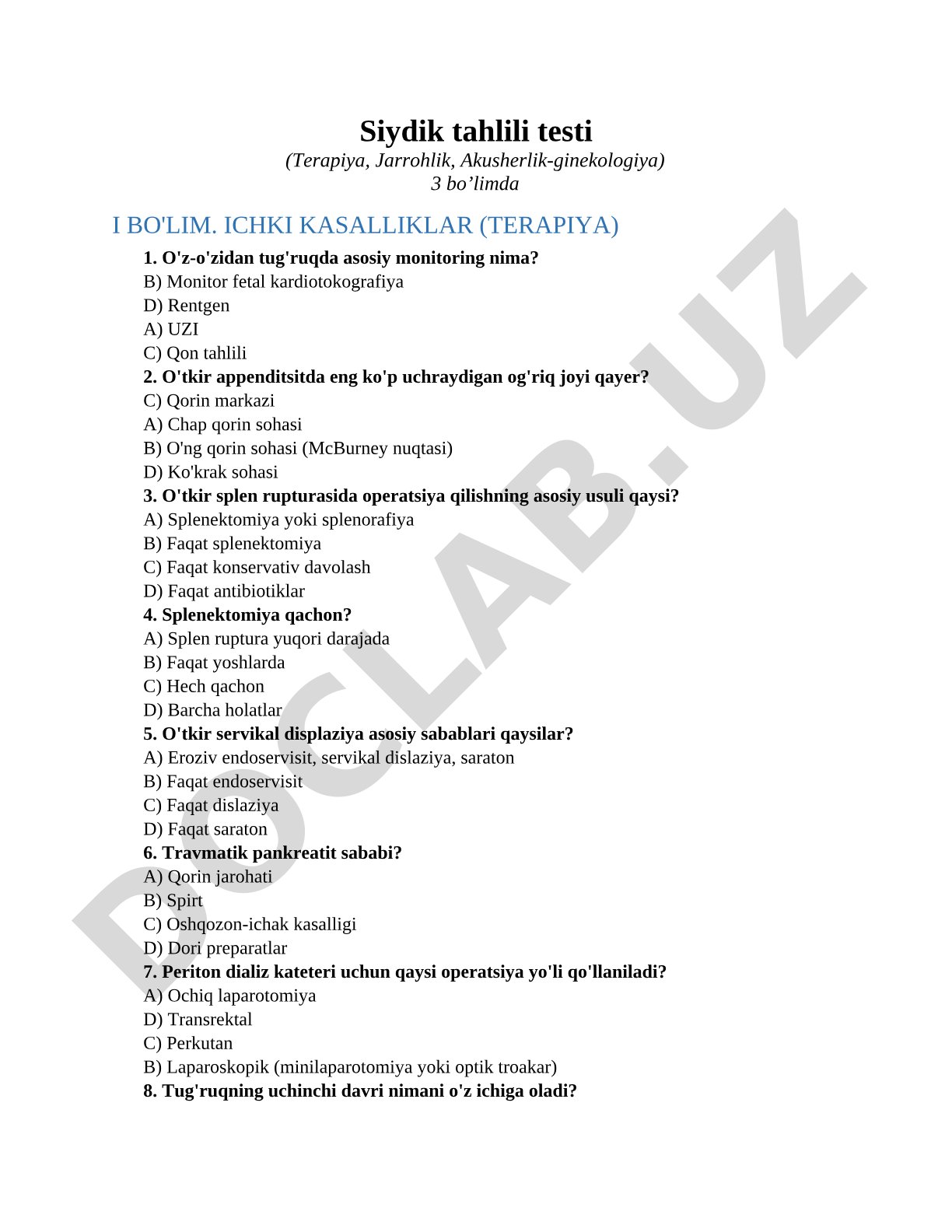 Siydik tahlili testi (Terapiya, Jarrohlik, Akusherlik-ginekologiya)3 bo’limda