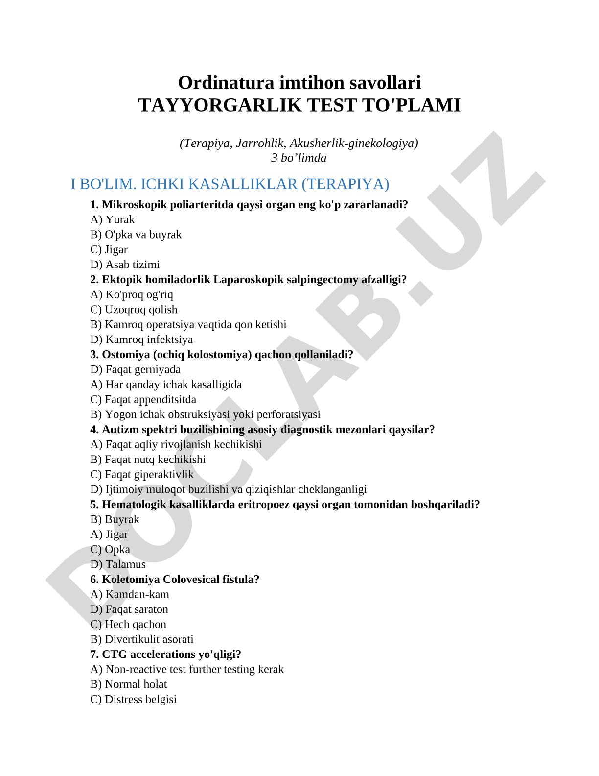 Ordinatura imtihon savollari tayyorgarlik test to'plami (Terapiya, Jarrohlik, Akusherlik-ginekologiya)