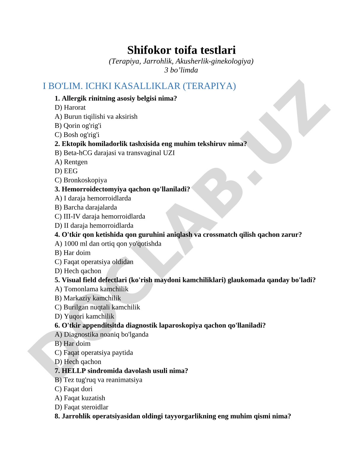 Shifokor toifa testlari (Terapiya, Jarrohlik, Akusherlik-ginekologiya)3 bo’limda