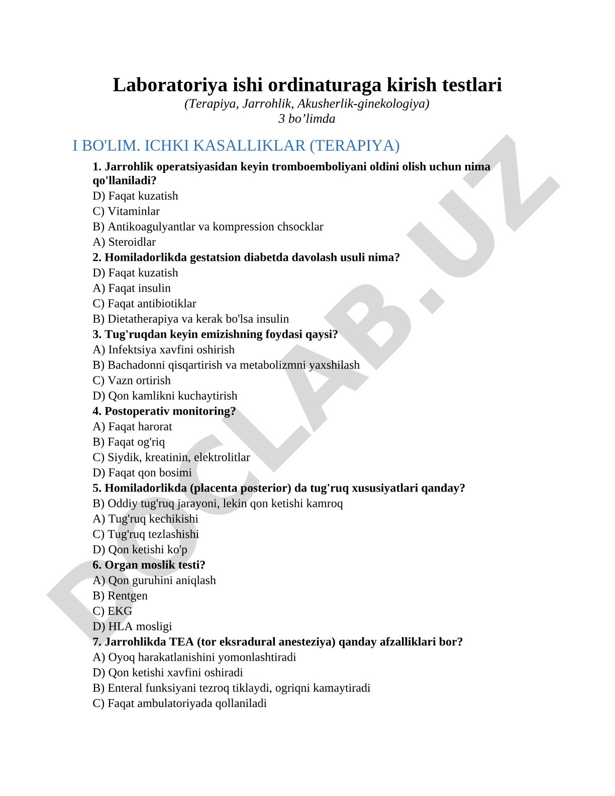 Laboratoriya ishi ordinaturaga kirish testlari (Terapiya, Jarrohlik, Akusherlik-ginekologiya)