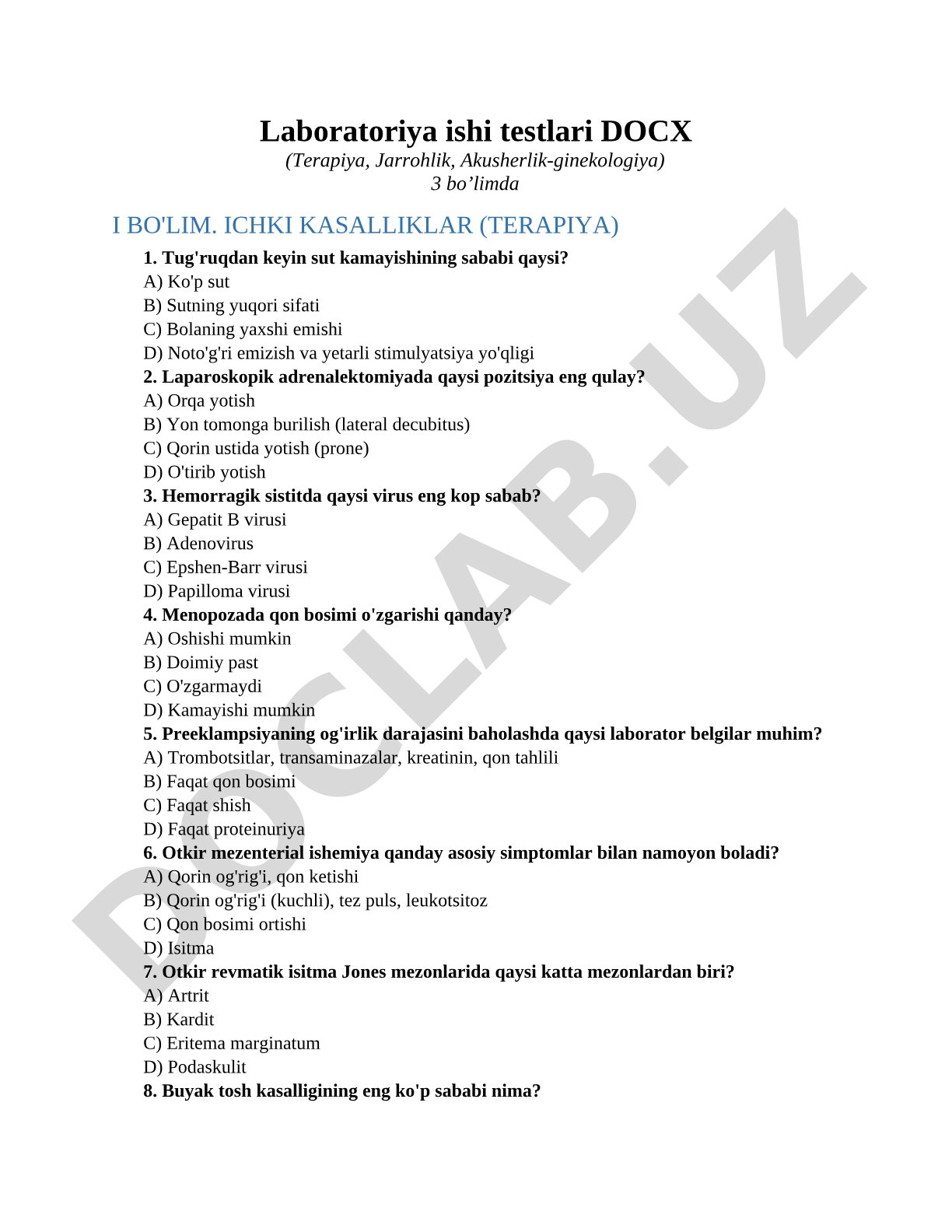 Laboratoriya ishi testlari (Terapiya, Jarrohlik, Akusherlik-ginekologiya)